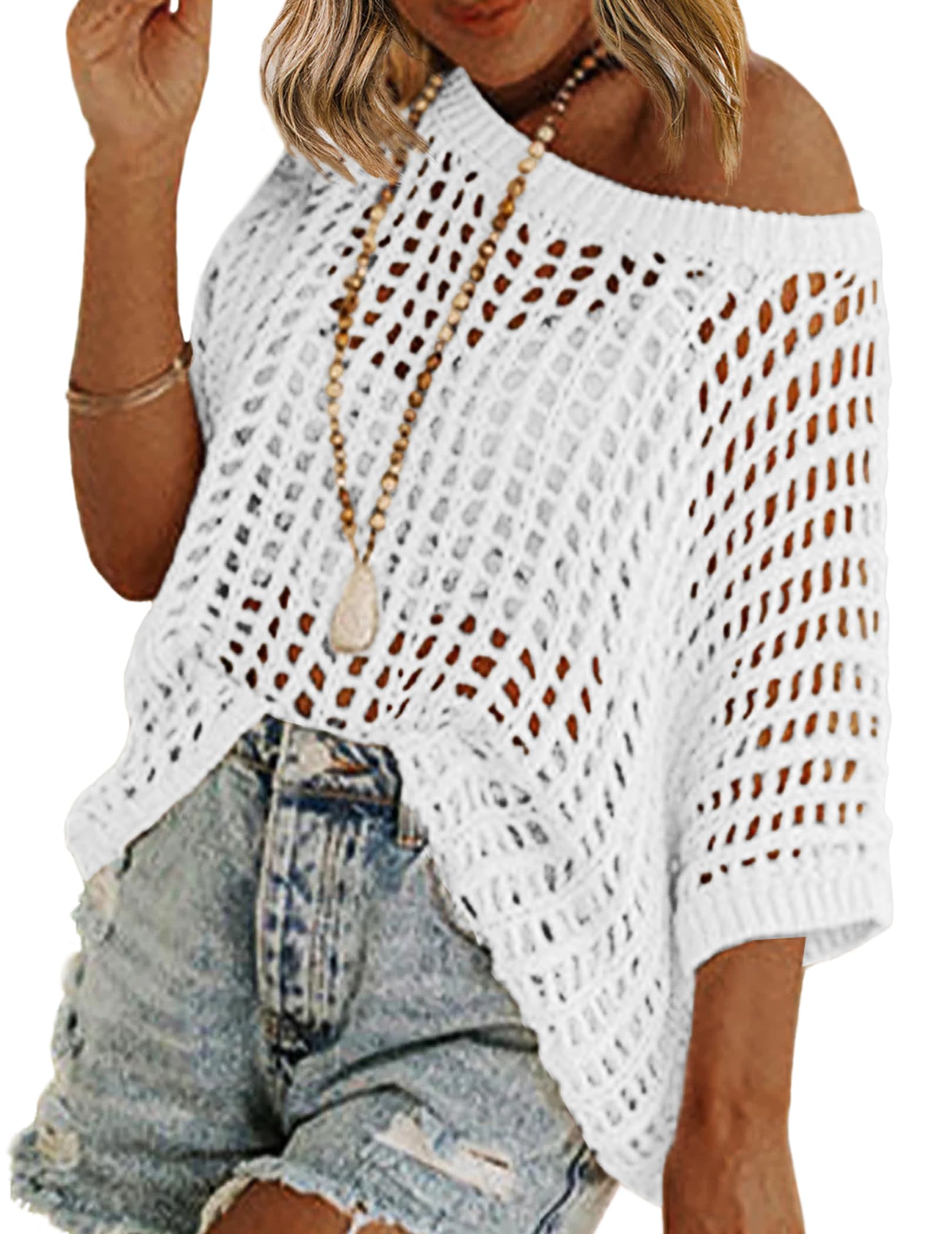 Zeagoo Short Sleeve Crochet Sweater Lightweight Summer Tops Loose Hollow Out Crewneck Pullover