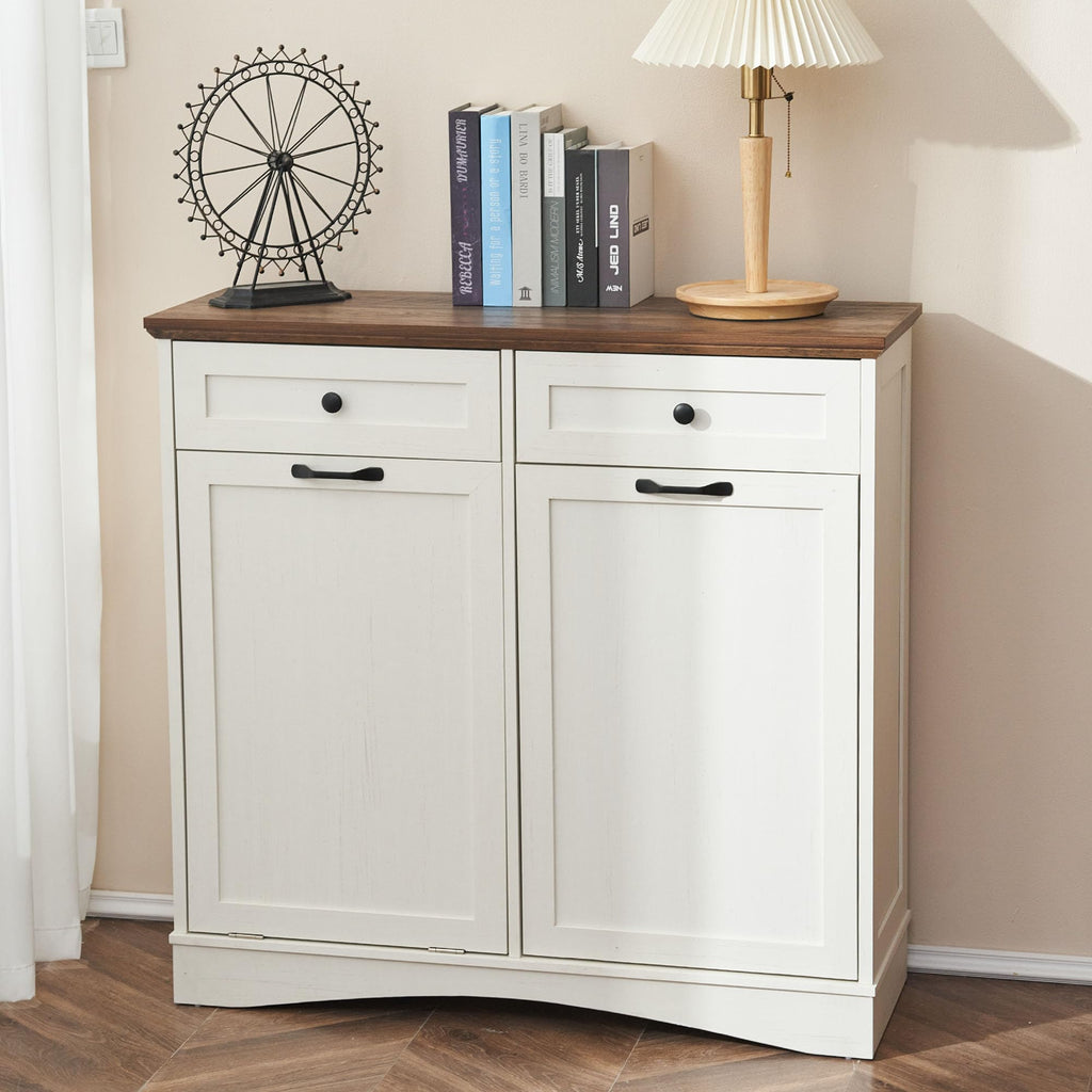 AHB Double Tilt Out Trash Can Cabinet Freestanding Kitchen Trash Can, 2x13 Gallons Hidden Garbage Recycling Cabinet with Hideaway Drawers Pet Proof Trash Can Holder for Kitchen, Antique White