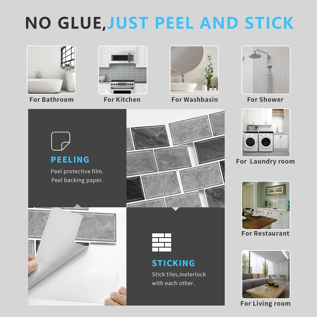 URCOLOR 10-Sheet Back Splashes for Kitchens Peel and Stick,12"x12" Self Adhesive Subway Wall Tiles Stick on backsplash Tiles for Bathroom Black Marble