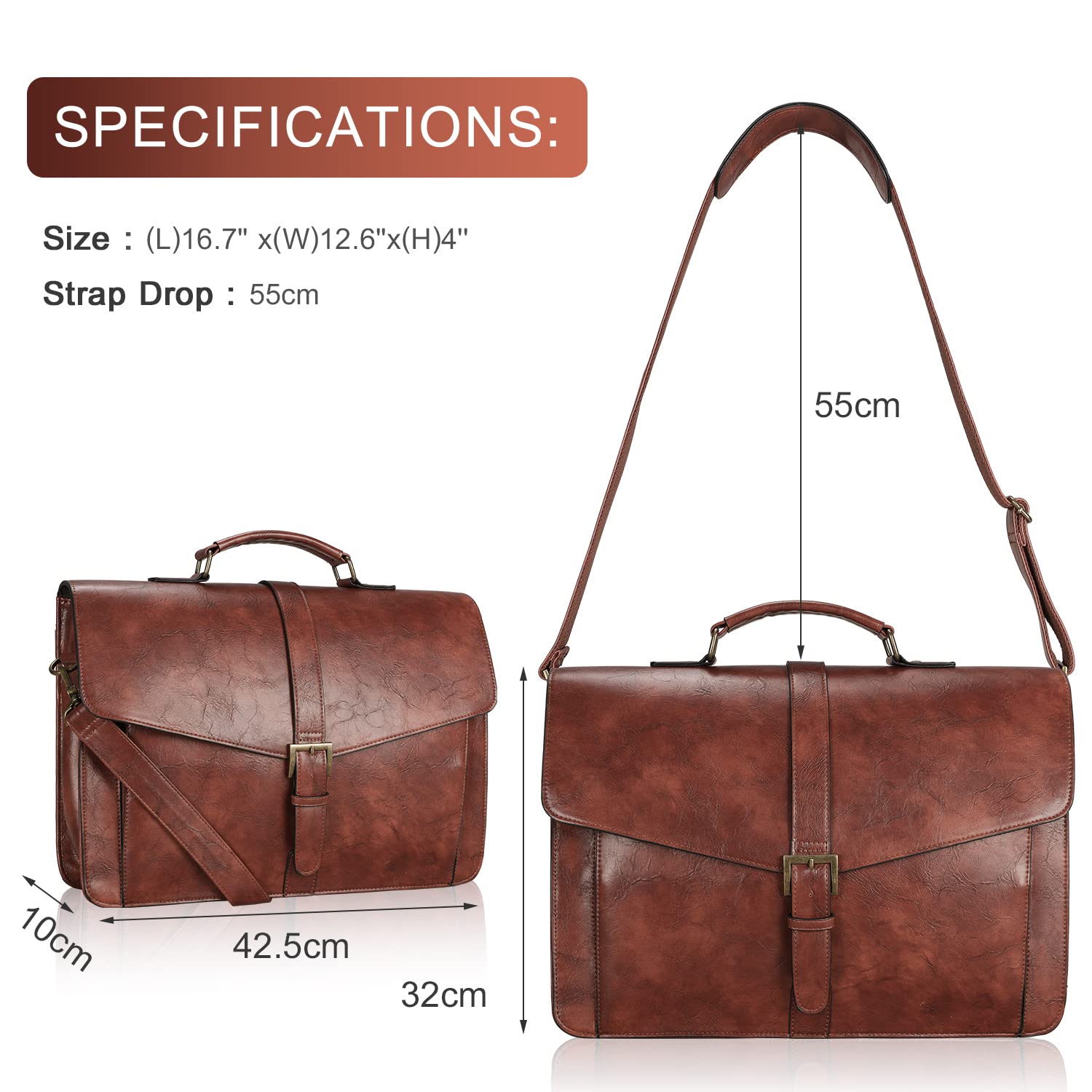 ESTARER Men's Leather Briefcase 15.6 Inch Laptop Computer Bag for Office/Business/Travel, Large Satchel Professional Pu Leather Messenger Shoulder Bag, Black
