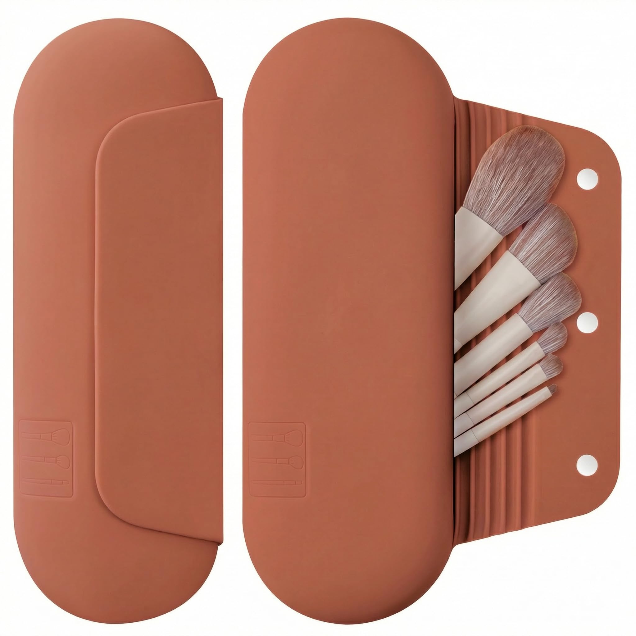 AGIKET Silicone Makeup Brush Holder Travel Cosmetic Bag：Soft Portable Cosmetic Face Brushes Holder with Upgrade Anti-Fall Out Magnetic Closure, Large Travel Makeup Brush Case - Walnut