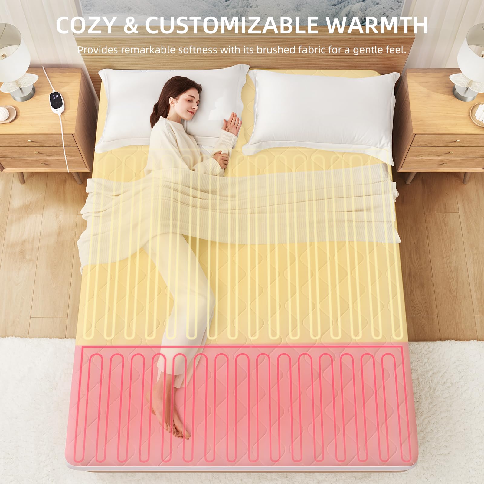 Caperia Heated Mattress Pad Quilted Multizone electric mattress pad Individual Body and Feet Bed Warmer 9 Heat Settings, 1-12 Hours Auto Off, Deep Pocket, Fast Heating, Machine Washable Twin 39''x75''