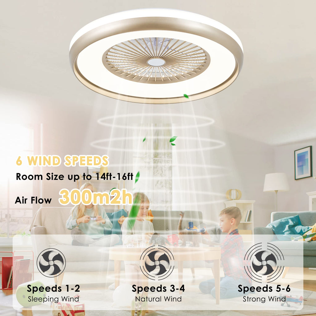 24" Bladeless Ceiling Fan with Light Remote, Smart LED Ceiling Fans with App Control, Modern Low Profile Dimmable Light Ceiling Fan for Bedroom Living Room Gold