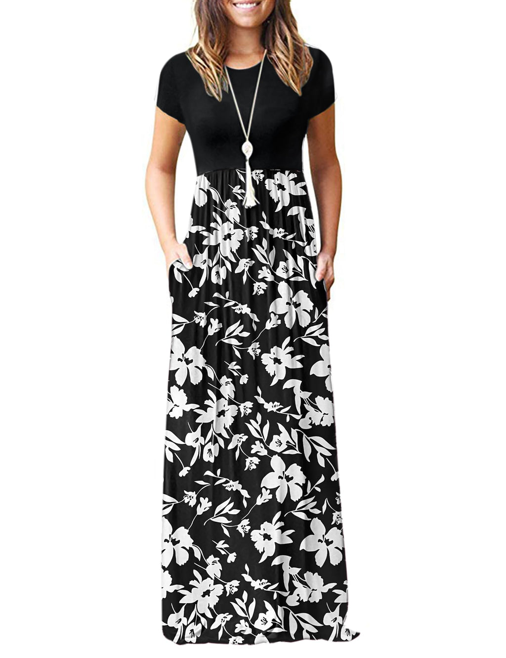 MISFAY Women Short Sleeve Loose Plain Maxi Dresses Casual Long Dresses Pockets