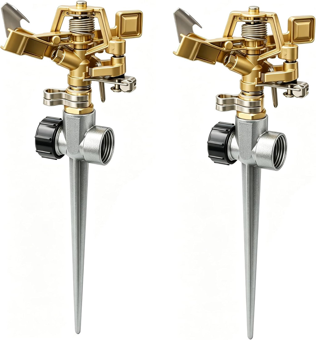 Hourleey 2 Pack Impact Lawn Sprinklers for Yard, Heavy Duty Water Sprinkler Head with Aluminum Alloy Spike Base, Adjustable Pulsating Sprinkler for Large Area Lawn Patio Garden