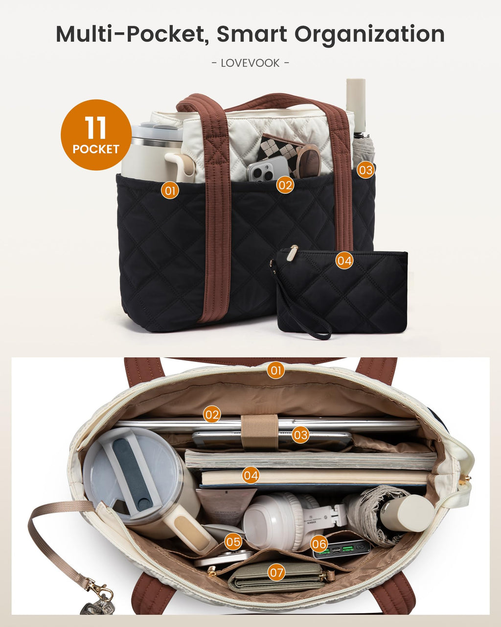 LOVEVOOK Puffer Tote Bag for Women, Puffy Work Handbag with Cup Holder, Travel Carry On Bag with Zipper for Teacher Nurse Gym