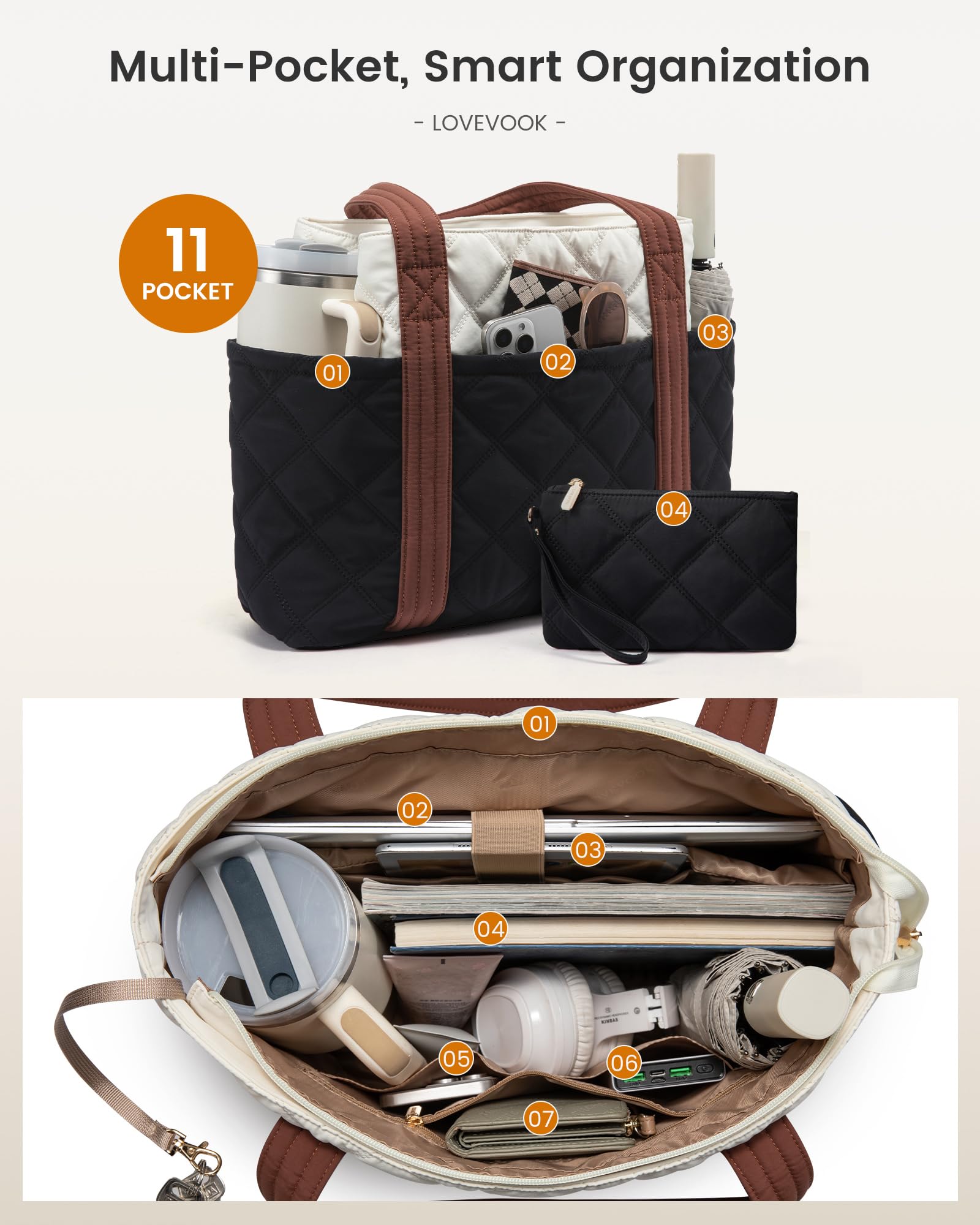 LOVEVOOK Puffer Tote Bag for Women, Puffy Work Handbag with Cup Holder, Travel Carry On Bag with Zipper for Teacher Nurse Gym