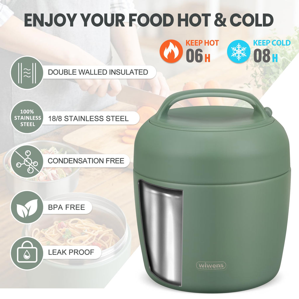 wiwens Thermo Food Jar for Hot Food Adults 32OZ Soup Thermo Lunch Containers Wide Mouth Vacuum Insulated Stainless Steel Leakproof Bento Box with Spoon (Beige)