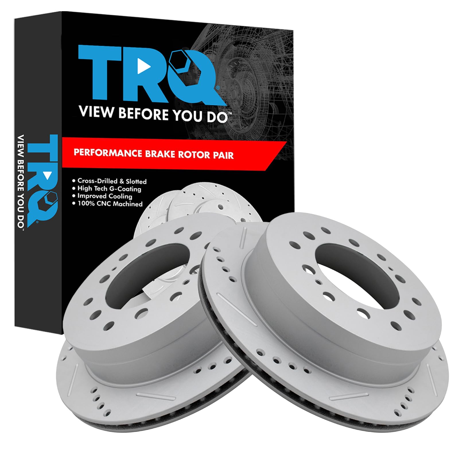 TRQ Performance Rear Brake Rotor Set G Coated Solid Drilled Slotted Compatible with 2001-2009 Volvo S60 1999-2006 S80 2001-2007 V70 2003-2007 XC70