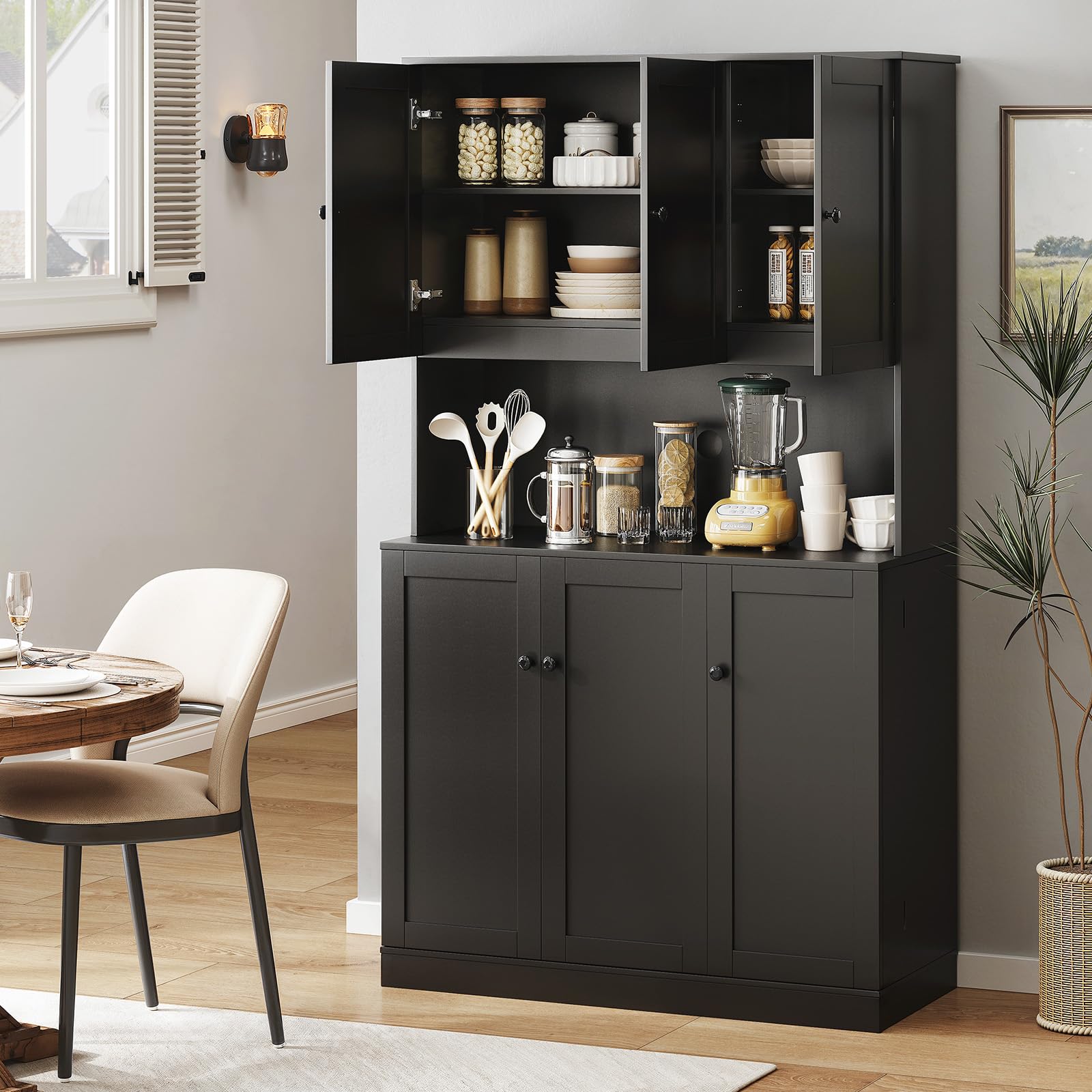 ONBRILL 71" Tall Kitchen Pantry Storage Cabinet with Microwave Stand & Door Shelf, Freestanding Kitchen Hutch with 6 Doors and Adjustable Shelves, Modern Food Pantry for Dining Room, Black