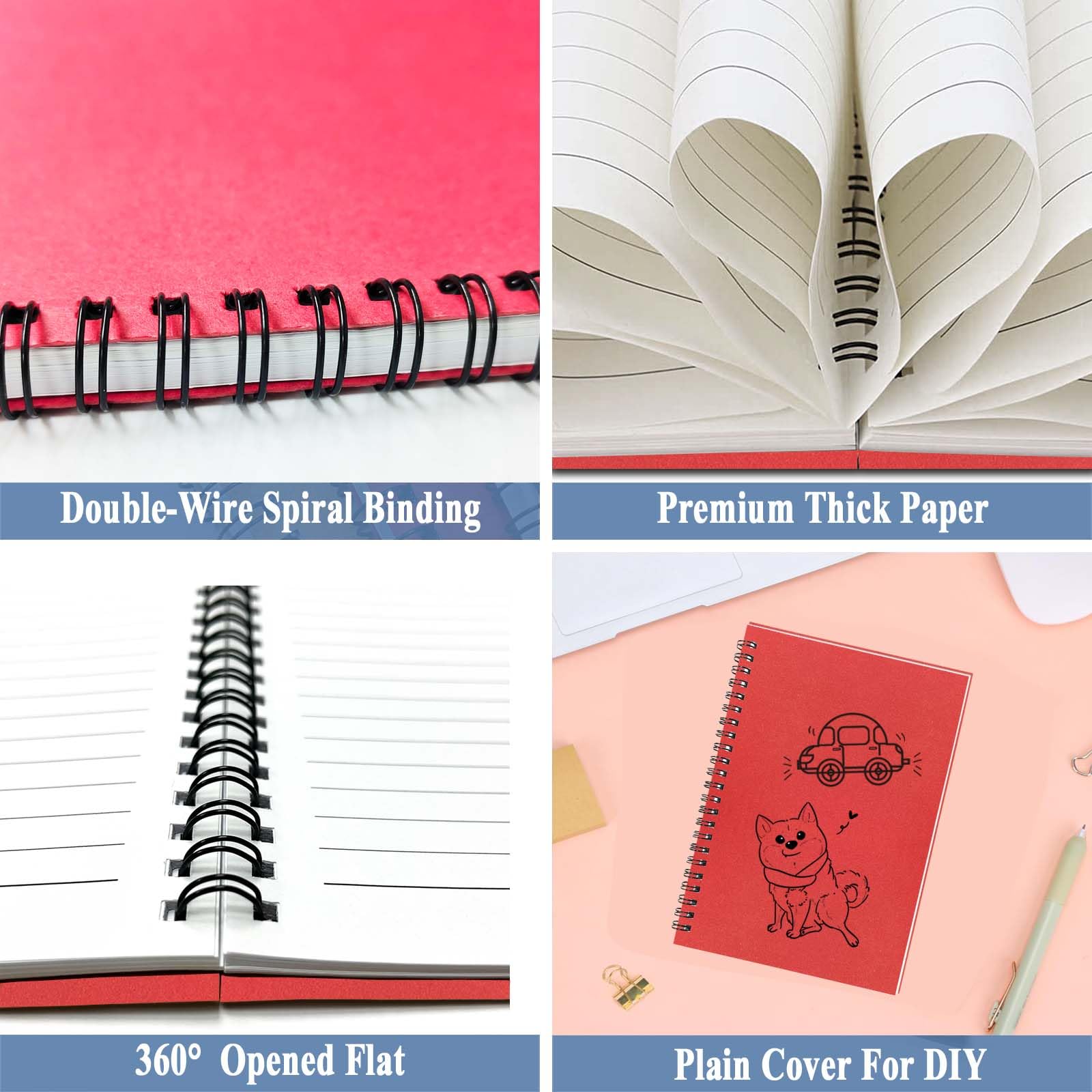 4Pack Small Spiral Notebook A5, 8.25x5.5” 120 Lined Pages Black & Red Wide Ruled Spiral Journal Bulk Blank Kraft Cover Spiral Bound Notebook & Writing Pads for Home Office Meeting Work Note Taking