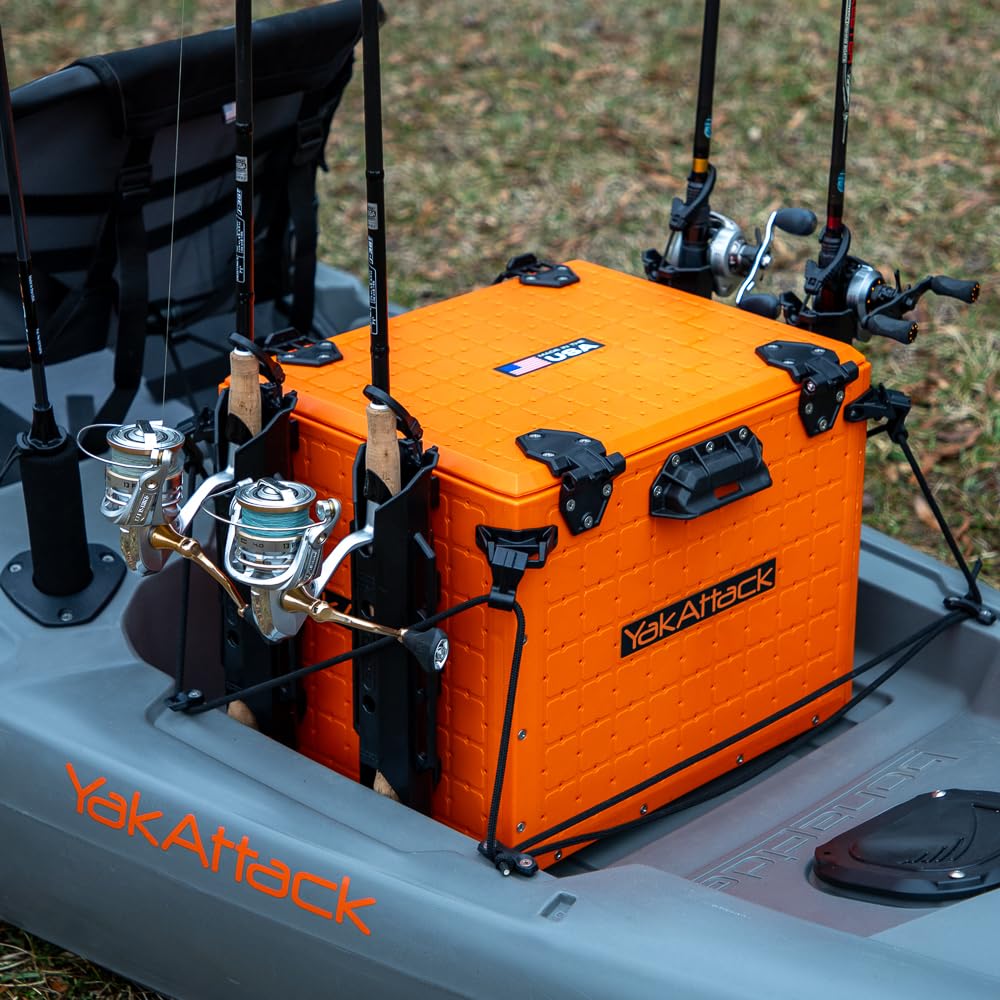 YakAttack BlackPak Pro 13" x 13" Fishing Crate with 3 Rod Holders - Battleship Grey | Compact Tackle Storage Box & Gear Organizer for Kayaks | Lightweight, Durable & Customizable Marine Accessory