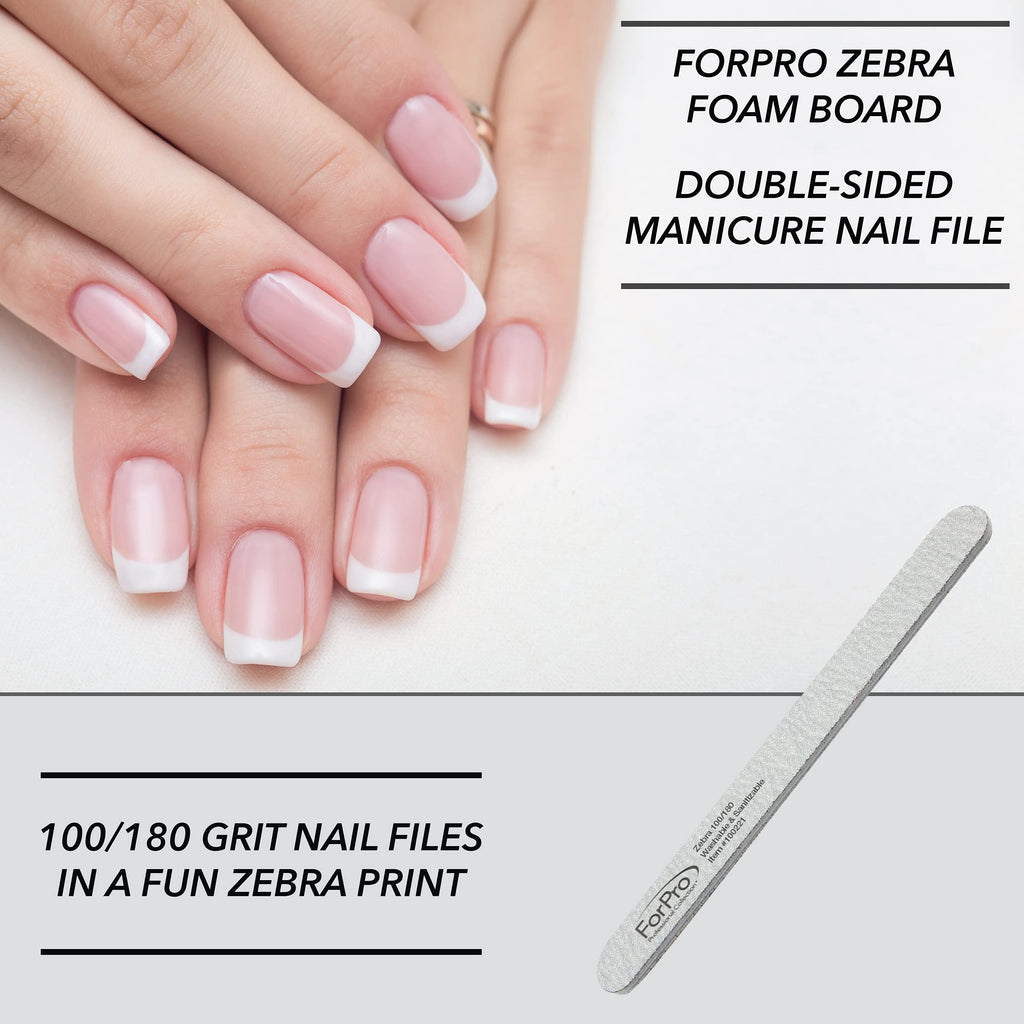 ForPro Professional Collection ForPro Zebra Foam Board, 80/80 Grit, Double-Sided Manicure Nail File, 7 inches L x .75 inches W, Black, 50 Count