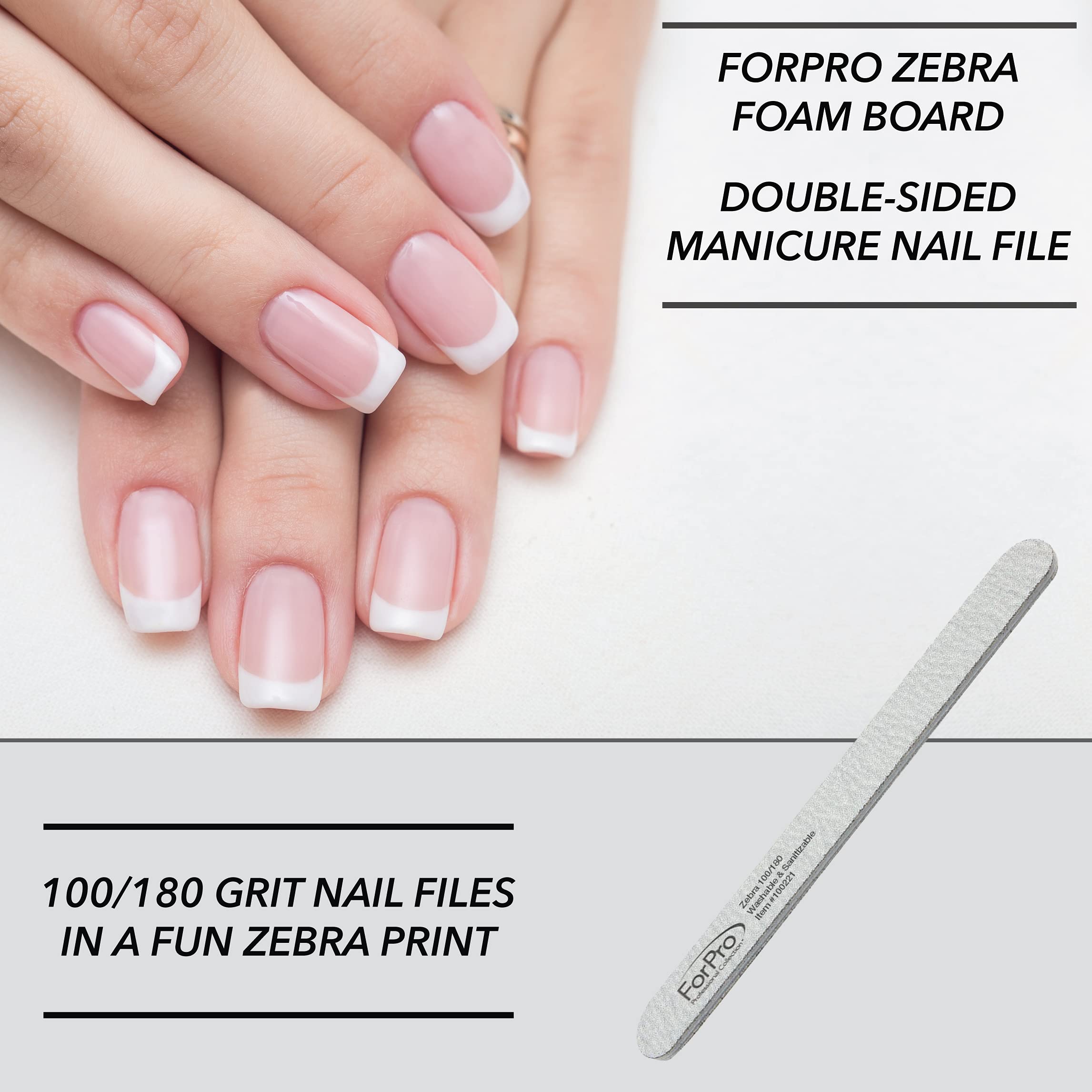 ForPro Professional Collection ForPro Zebra Foam Board, 80/80 Grit, Double-Sided Manicure Nail File, 7 inches L x .75 inches W, Black, 50 Count