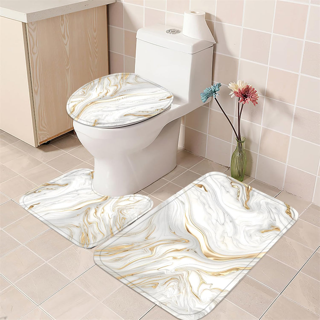 Nkzply 4 Pcs Black Marble Shower Curtain Sets with Rugs Gold Bathroom Sets with Shower Curtain and Rugs Modern Abstract Bathroom Decor Accessories Shower Curtains for Bathroom Toilet Lid Cover