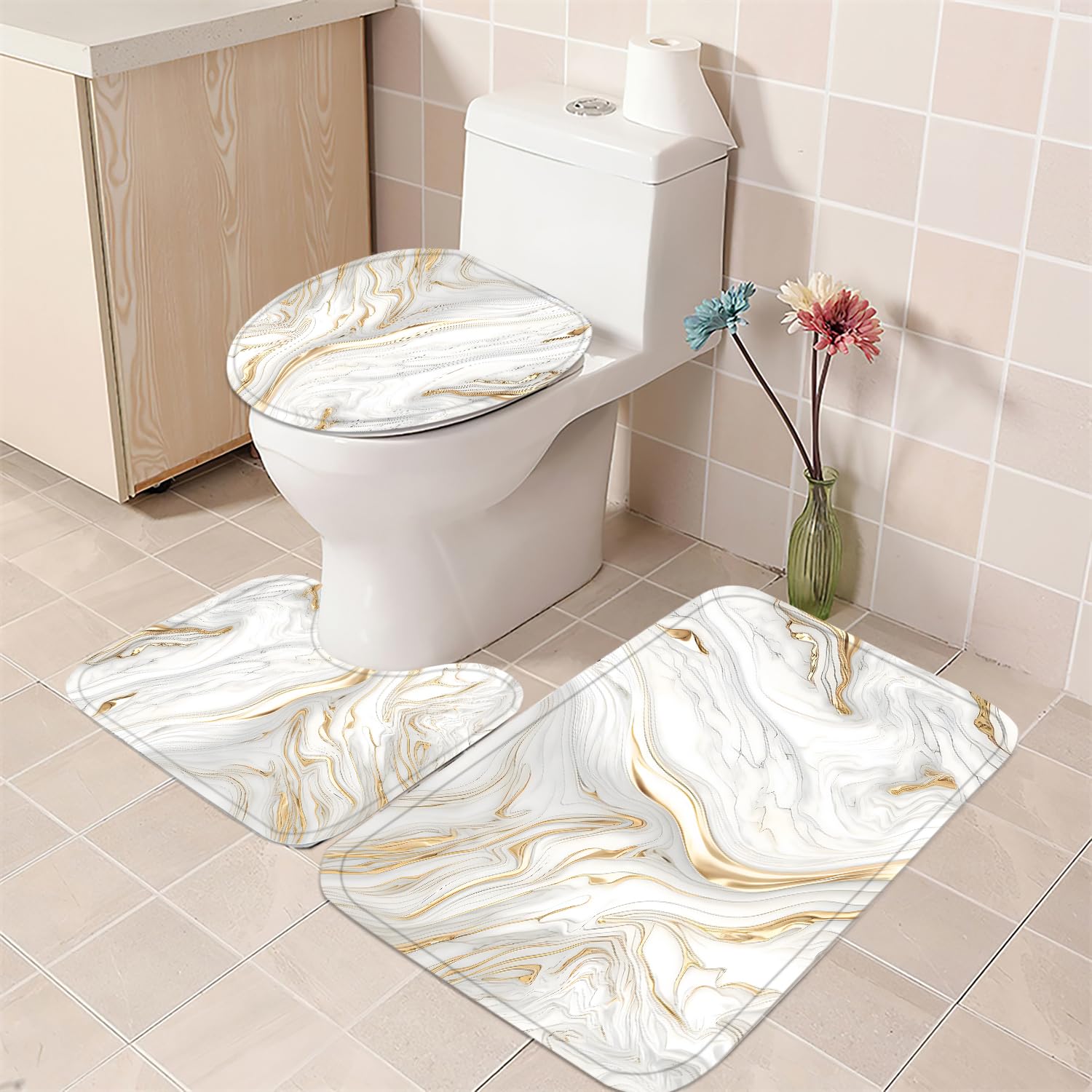 Nkzply 4 Pcs Black Marble Shower Curtain Sets with Rugs Gold Bathroom Sets with Shower Curtain and Rugs Modern Abstract Bathroom Decor Accessories Shower Curtains for Bathroom Toilet Lid Cover