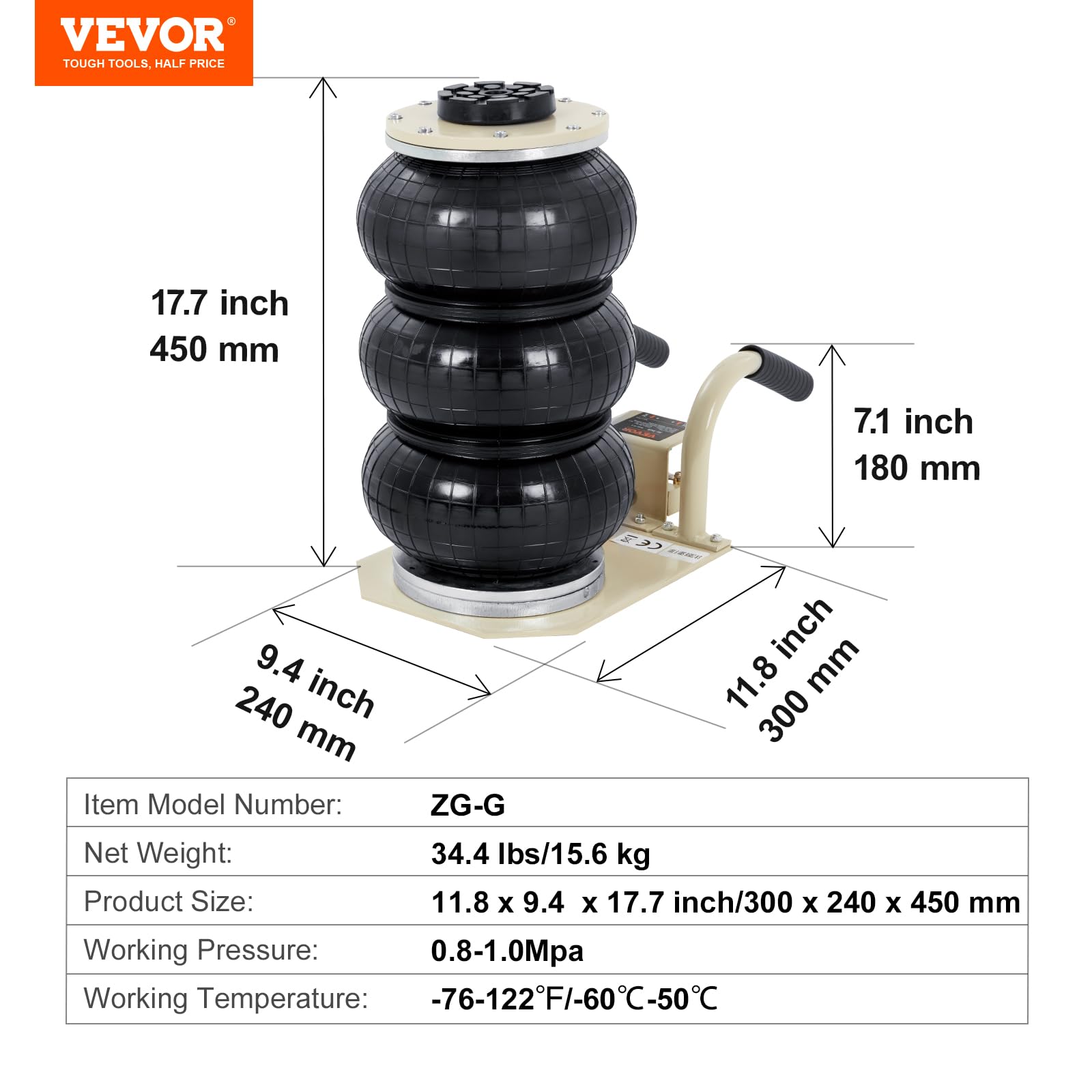 VEVOR Air Jack, 3 Ton/6600 lbs Triple Bag Air Jack, Airbag Jack with Six Steel Pipes, Lift up to 17.7 inch/450 mm, 3-5 s Fast Lifting Pneumatic Jack, with Short Handles for Car Repair