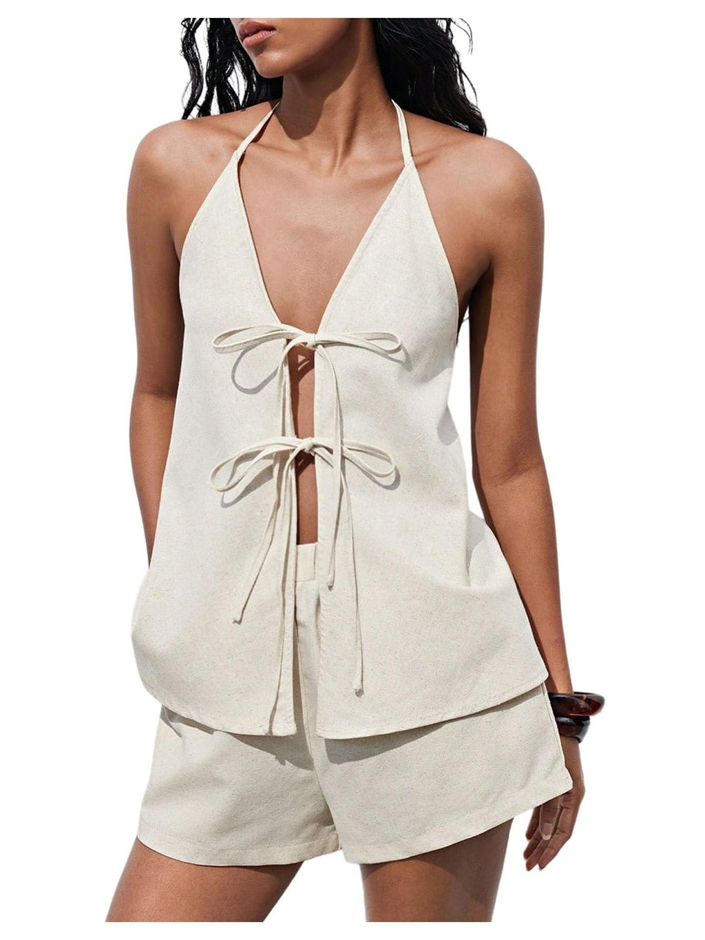 MakeMeChic Women's Linen Two Piece Set Summer Tie Front Halter Tops Linen Shorts Sets Beach Vacation Outfits