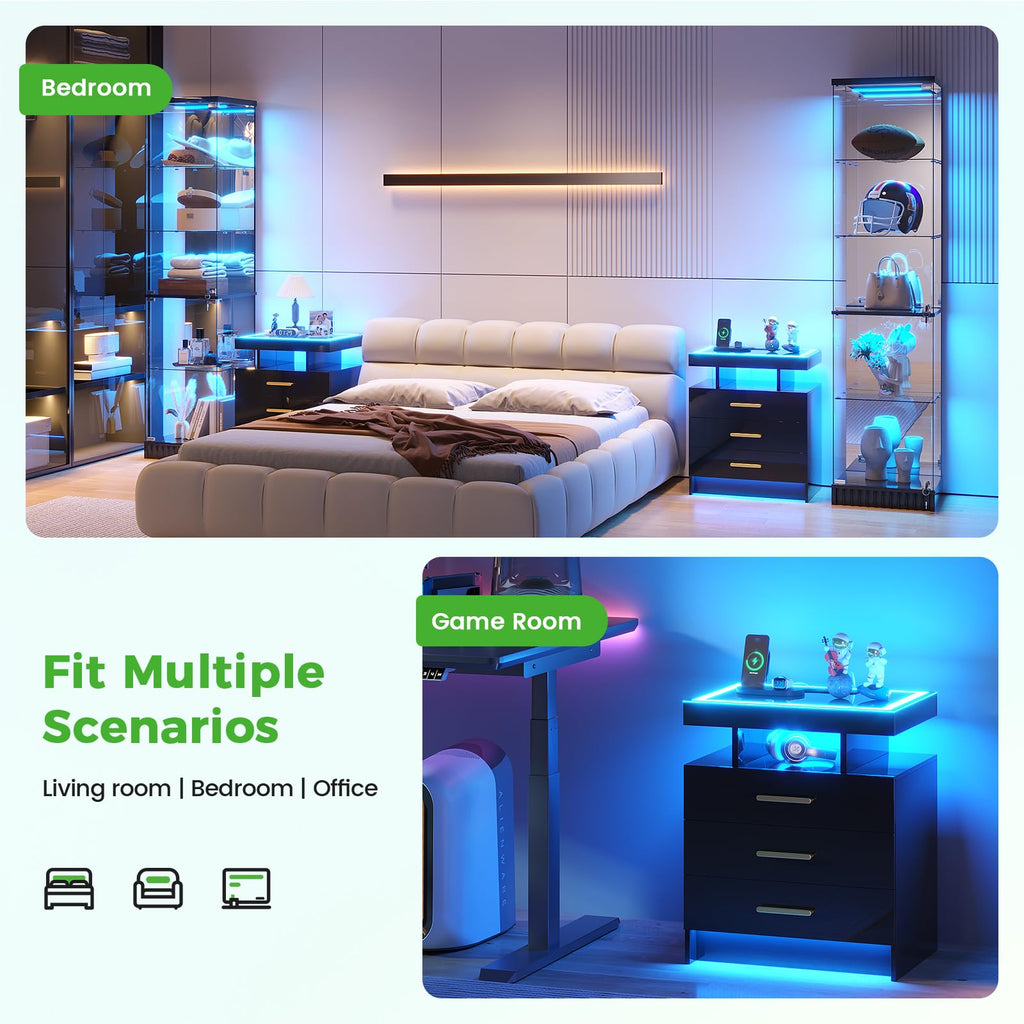HNEBC LED Nightstand with Charging Station,Smart Bedside Table with Motion Sensor Lights,3 Drawers,Tempered Glass Top,High Gloss End Table with 3 Color Lights for Bedroom, Living Room,Office-Black