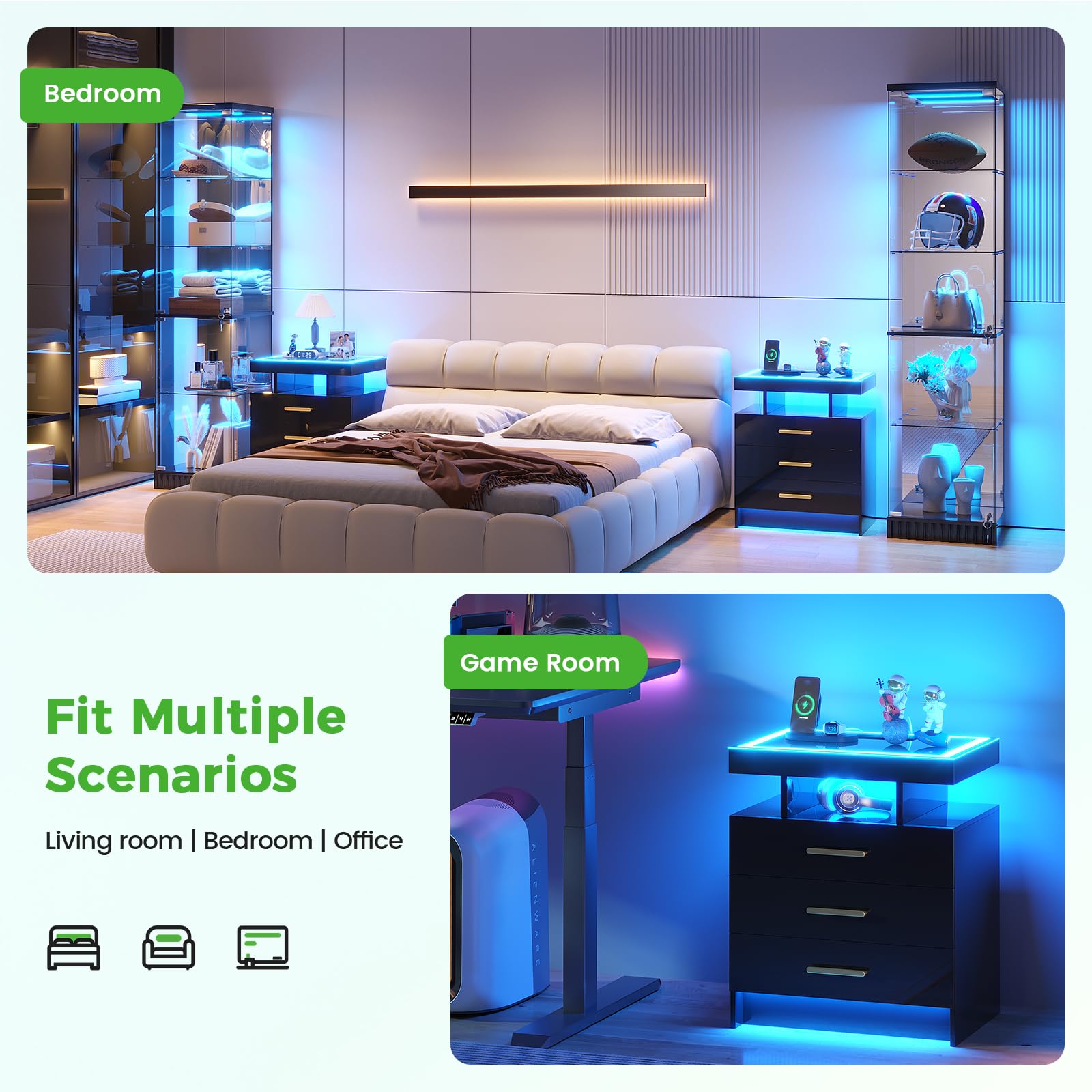 HNEBC LED Nightstand with Charging Station,Smart Bedside Table with Motion Sensor Lights,3 Drawers,Tempered Glass Top,High Gloss End Table with 3 Color Lights for Bedroom, Living Room,Office-Black