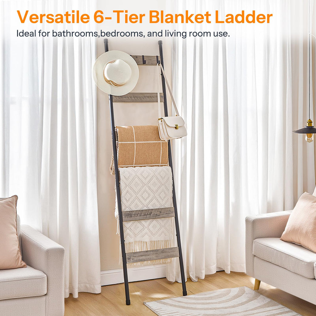 HOOBRO Blanket Ladder, 5-Tier Towel Rack with Hooks, Wall-Leaning Blanket Rack, Decorative Display Ladder Shelf, Scarves, Industrial, Living Room, Bedroom, Black BB52CJ01