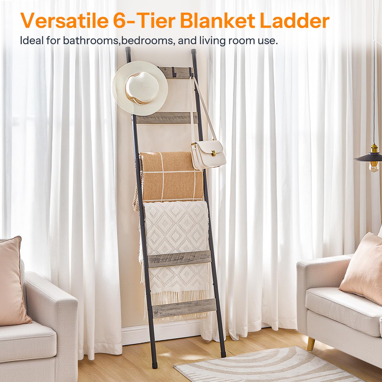 HOOBRO Blanket Ladder, 5-Tier Towel Rack with Hooks, Wall-Leaning Blanket Rack, Decorative Display Ladder Shelf, Scarves, Industrial, Living Room, Bedroom, Black BB52CJ01