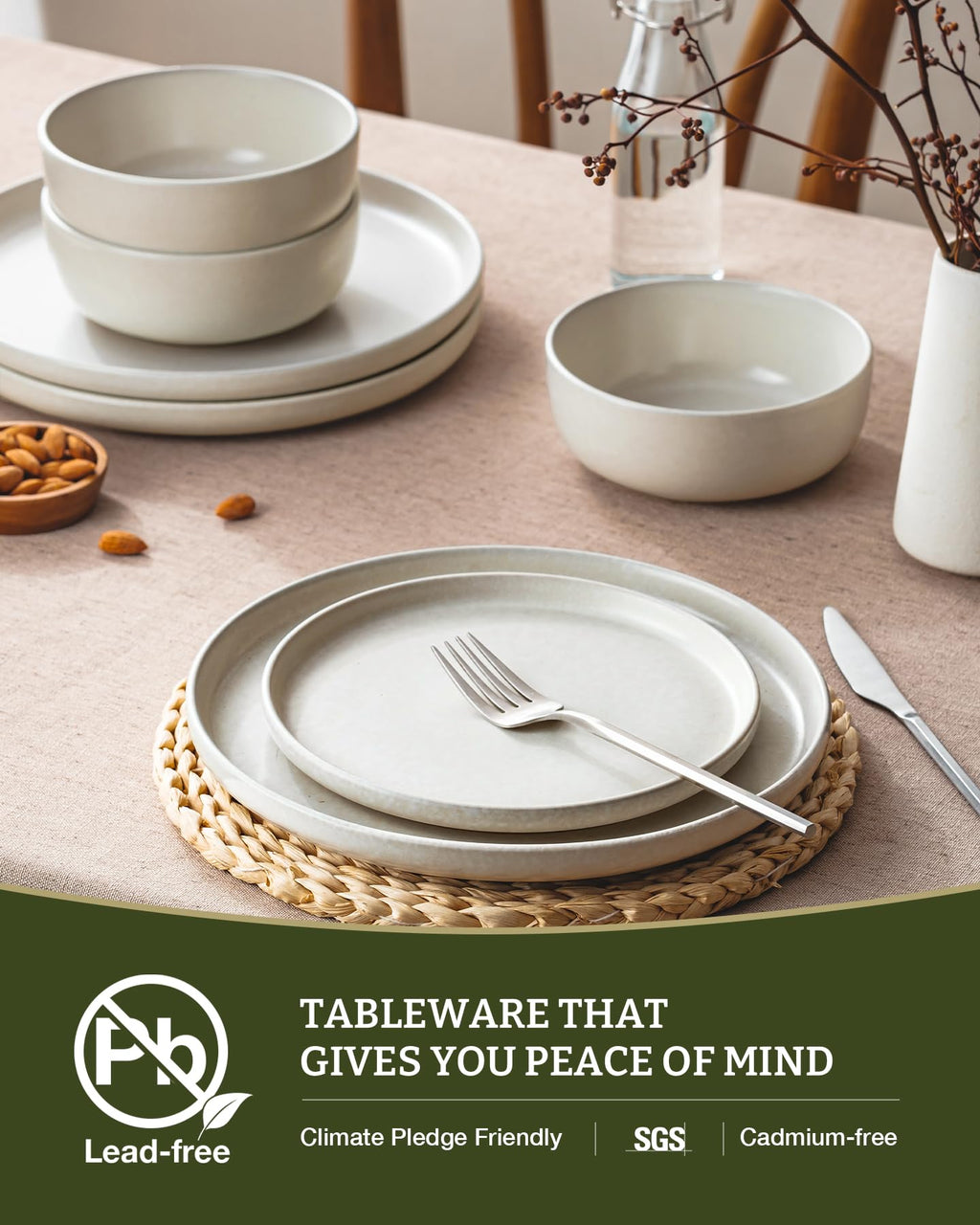 Famiware Pluto Stoneware Dinnerware Sets, 12-Piece Double Reactive Glaze Plates and Bowls Sets, Dishware Sets for Everyday & Formal Dining, Irregular Edge Dishes, Service for 4, Matte Beige White