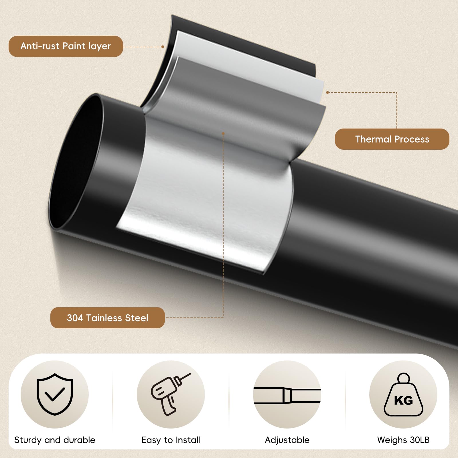 OLV Black Curtain Rod 36 to 45 Inch, 1 Inch Adjustable Modern Curtain Rods for Windows, Decorative Heavy Duty Window Treatment Rods with End Cap Finials, Telescopic Splicing Drapery Pole, Easy Install