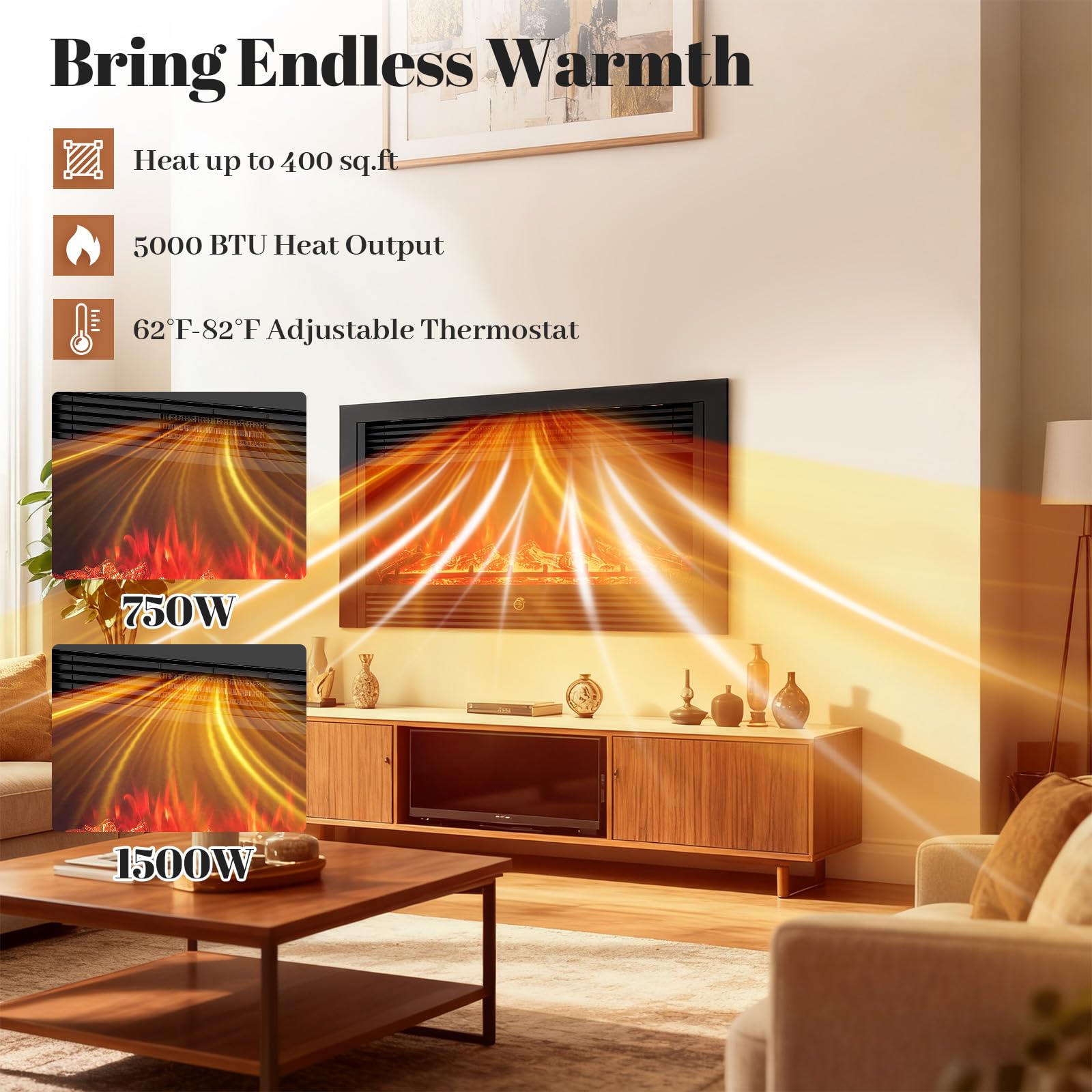 Giantex 18" Electric Fireplace Insert Heater, Wall Recessed/Mounted Fire Places Electric Fireplace with Remote, 2 Modes Heat, 9H Timer, 5 Brightness, 750/1500W Freestanding Fireplace