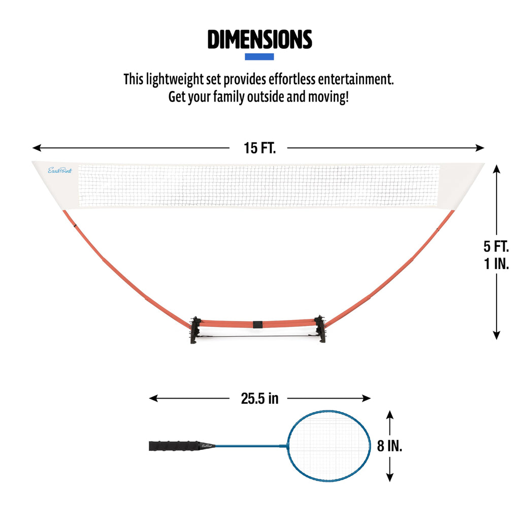 EastPoint Easy Setup Badminton Set - 15 ft Net, 4 Rackets, 2 Shuttlecocks - Quick Setup Net for Backyard Games - Steel Shaft Badminton Rackets for Family Games - Durable Shuttlecocks for Outdoors