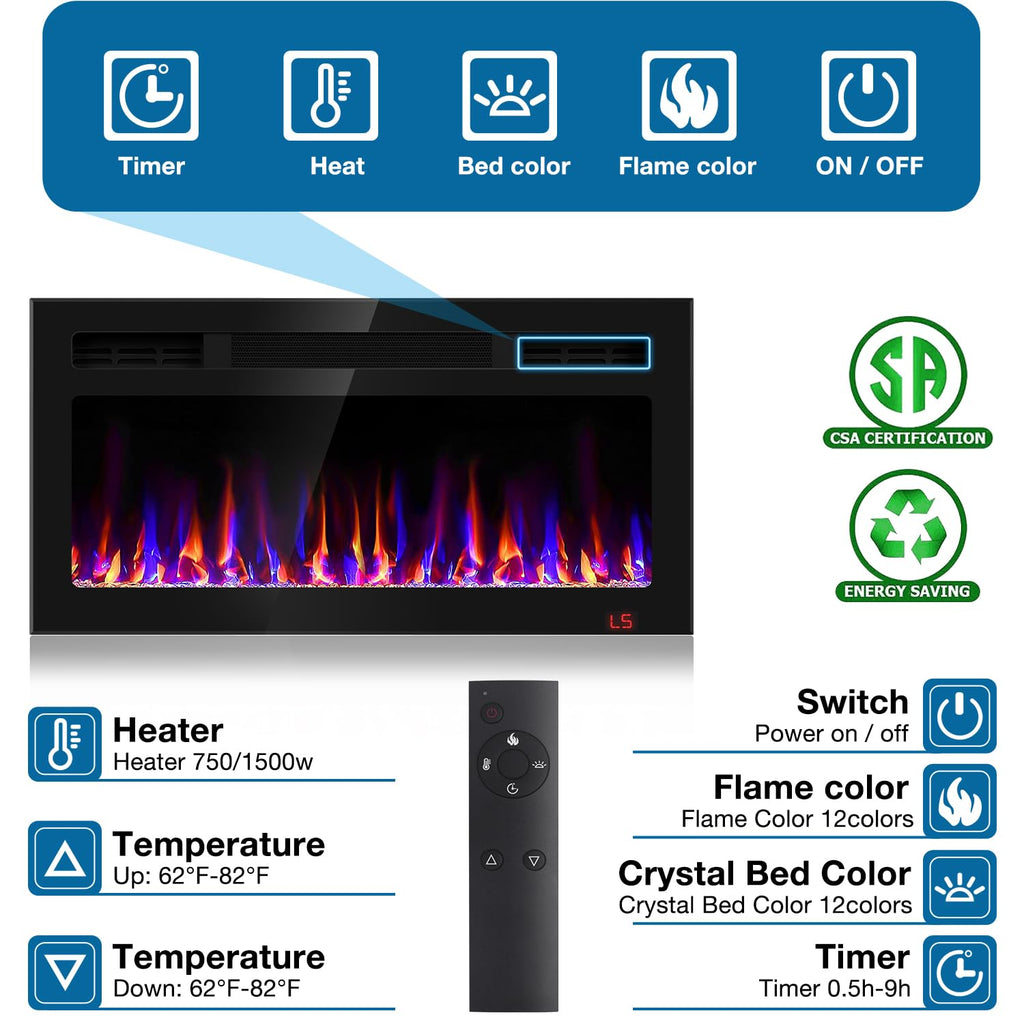 31 Inch Electric Fireplace Recessed and Wall Mounted, Fireplace Heater and Linear Fireplace, Ultra-Thin Electric Fireplace, Low Noise, with Timer, Remote Control, Adjustable 12 Flame Color, 750/1500W