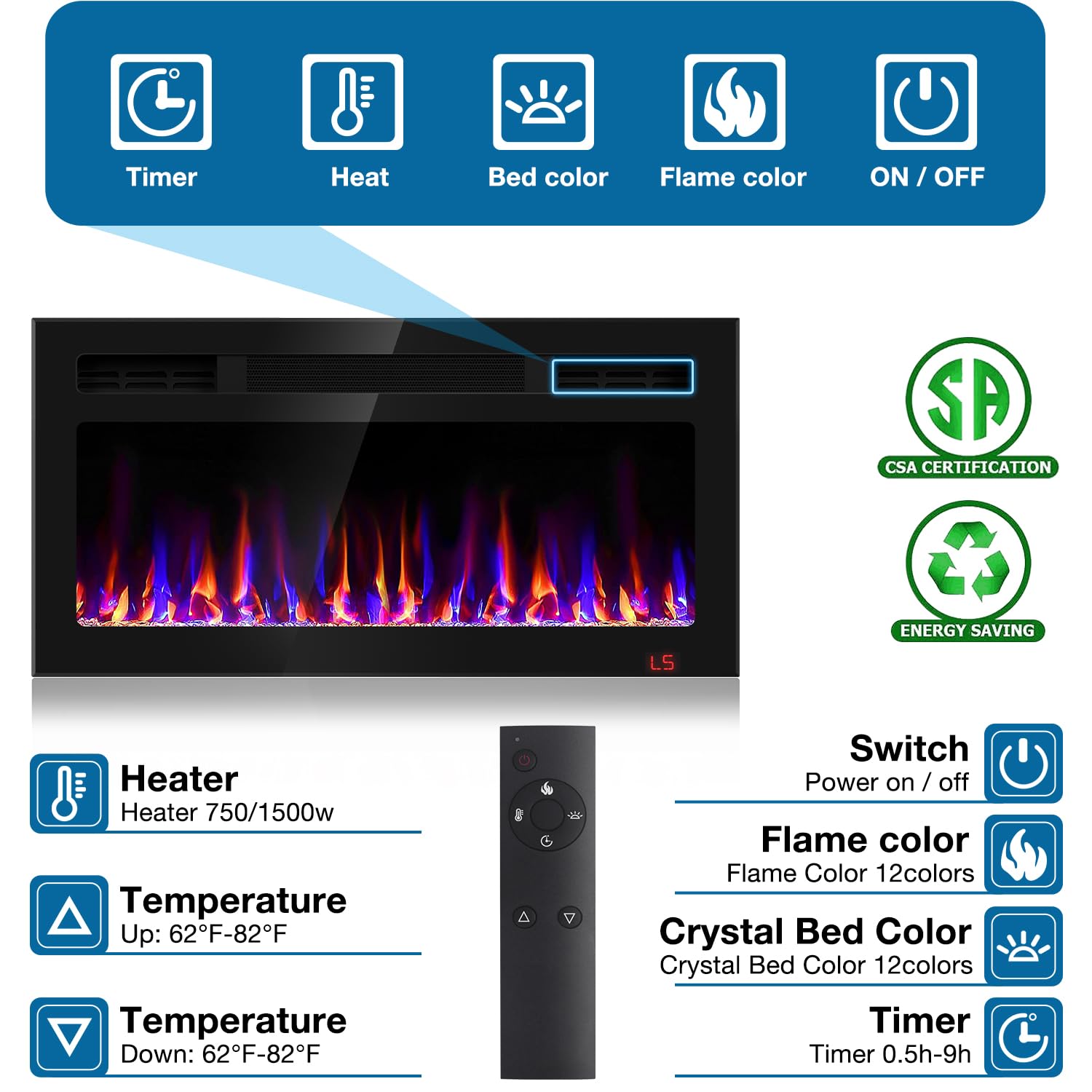 31 Inch Electric Fireplace Recessed and Wall Mounted, Fireplace Heater and Linear Fireplace, Ultra-Thin Electric Fireplace, Low Noise, with Timer, Remote Control, Adjustable 12 Flame Color, 750/1500W