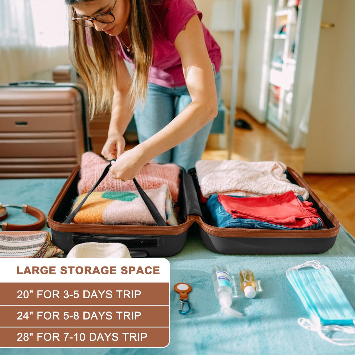 Kono Carry On Luggage Set Airline Approved Lightweight PC+ABS Carry On Suitcase with TSA Lock Spinner Wheels Durable Luggage Hardside Apricot Blue