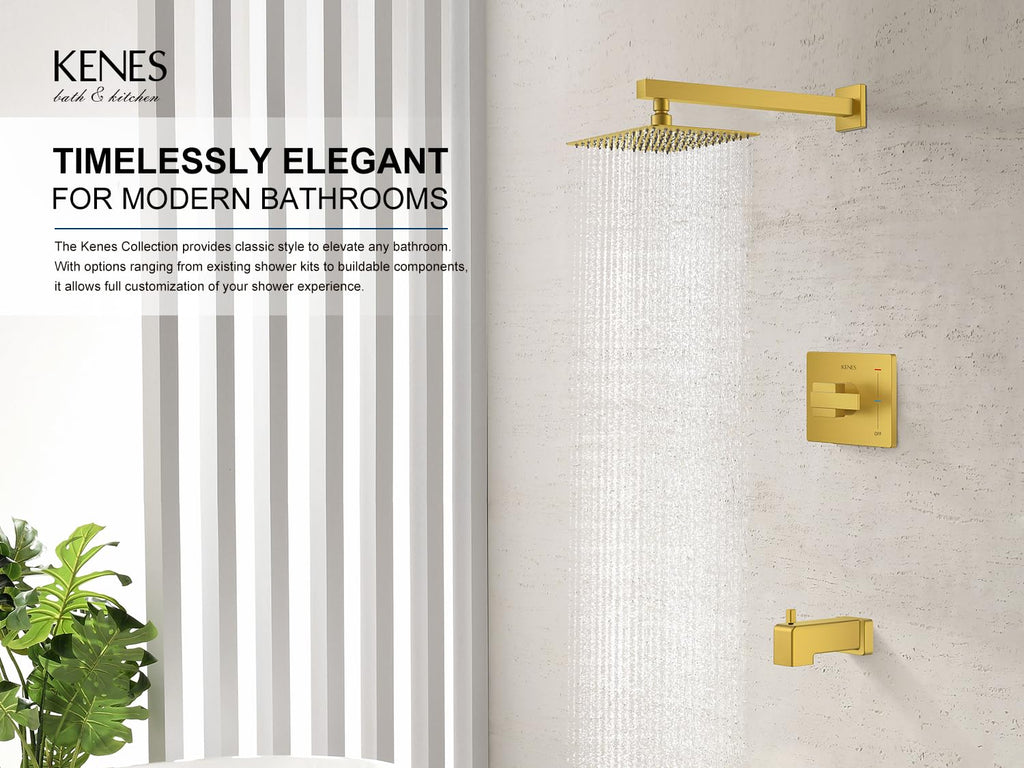 KENES Brushed Nickel 10-Inch Shower Head and Handle Set, Square Shower Faucet Set Bathroom Rainfall Shower System Wall Mount, KE-6024B (Shower Valve Included)