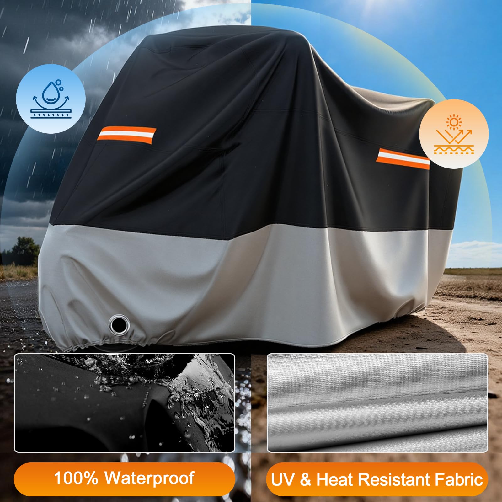 Favoto Motorcycle Cover Waterproof Outdoor All Weather Snow Rain Dust UV Protection Motorcycle Tarp with Lock-Holes ＆ Storage Bag Moped Cover with Night Reflective Strips Fits up to 86.6"