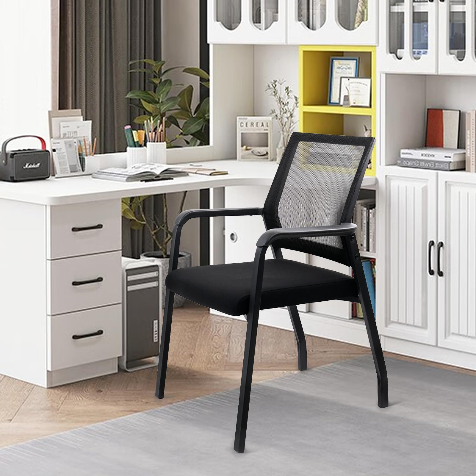 KLASIKA Desk Chair No Wheels with Adjustable Mesh Backrest, Arm Chair with Ergonomic Lumbar Support and Thickened Seats Cushion, Waiting Room Chairs for Office School Church Guest Reception