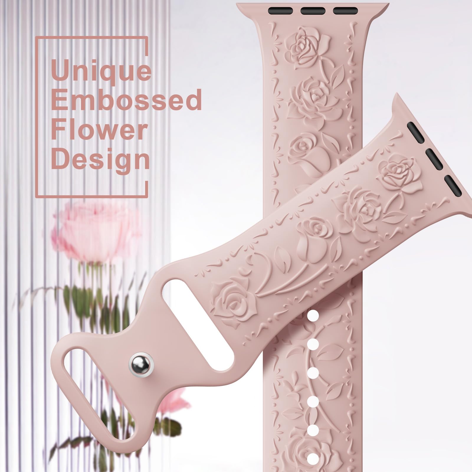 Floral Engraved Band Compatible with Apple Watch Band 40mm 41mm 38mm 42mm 44mm 45mm 46mm 49mm Women, Soft Silicone Cute Embossed Flower Strap for iWatch Band Series SE Ultra 11 10 9 8 7 6 5 4 3 2 1
