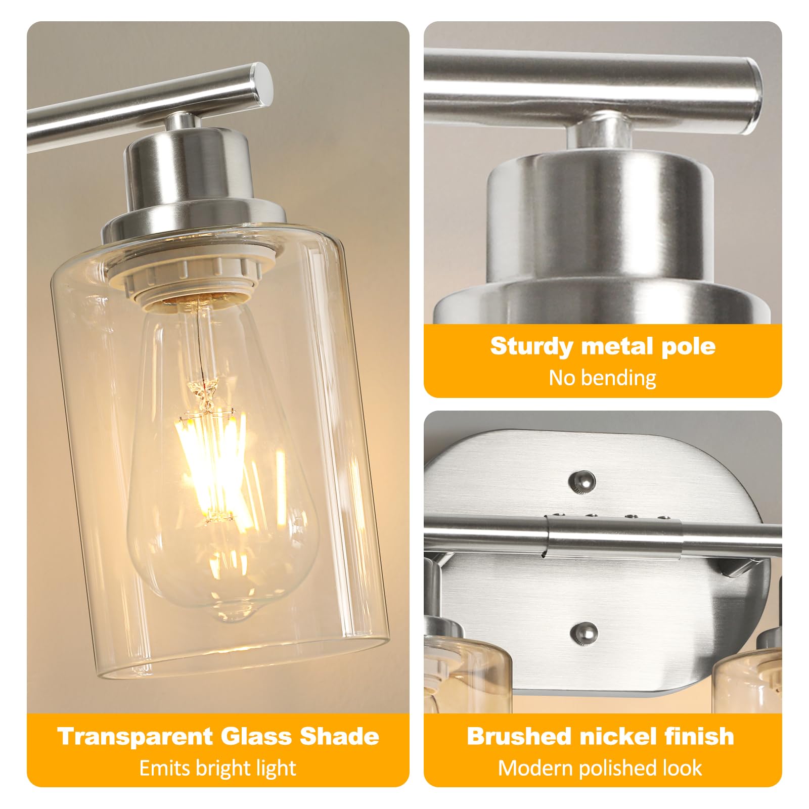 Unicozin 2 Pack Modern Bathroom Light Fixtures, 3 Light Vanity Lights, Black Wall Lamp with Clear Glass for Bathroom, Mirror, Living Room, Bedroom, Hallway, E26 Base