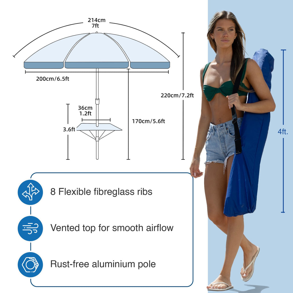 AMMSUN 7ft Heavy Duty High Wind Beach Umbrella with sand anchor, Built-in Table Tray Vent Tilt Pole, UPF 50+ Windproof Portable Outdoor Umbrellas Carry Bag for Patio Garden Pool Backyard stripe