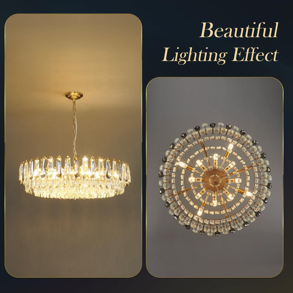 23.6" Modern Crystal Chandelier with Grey Crystal Gold 3-Tier Luxury Pendant Light 12-Light Ceiling Pendant Lighting for Dinning Room Living Room Foyer