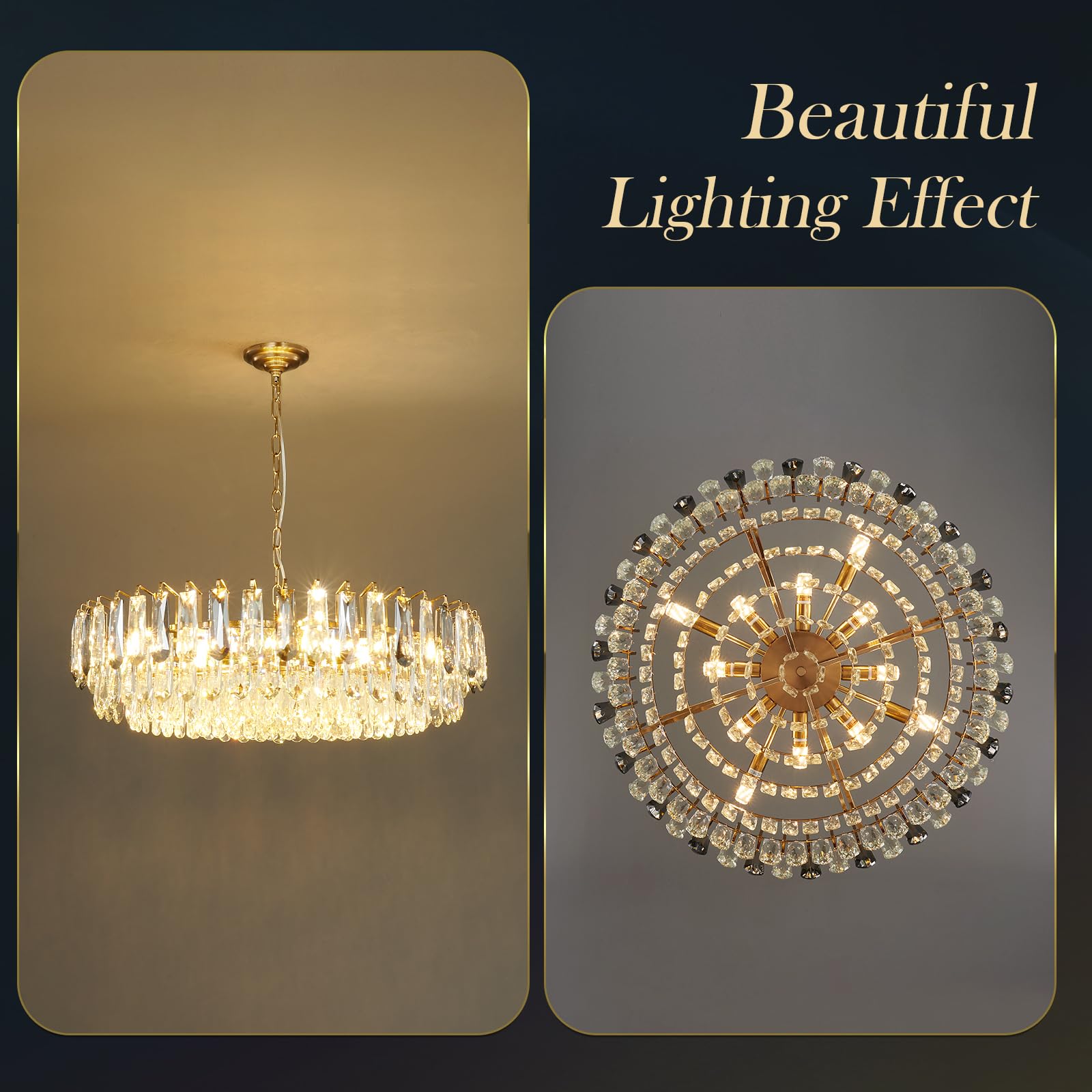 23.6" Modern Crystal Chandelier with Grey Crystal Gold 3-Tier Luxury Pendant Light 12-Light Ceiling Pendant Lighting for Dinning Room Living Room Foyer