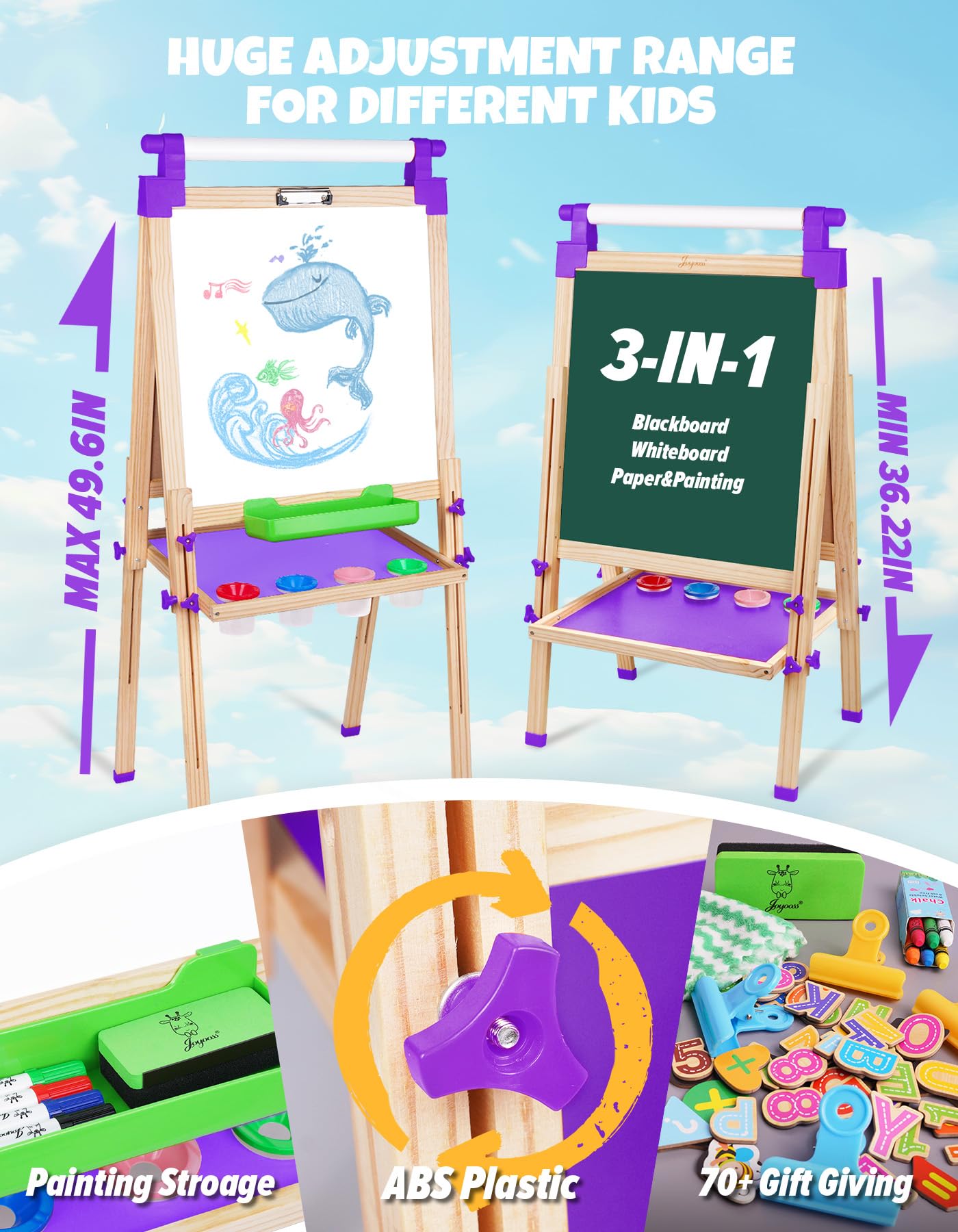JOYOOSS Easel for Kids Art Easel Kids Easels for Toddlers,Wooden Kid Easel with Paper Roll - Adjustable Magnetic Double Sided Kids Dry Erase Board,Birthday Gifts for 1-12 Year Old Girls or Boys Blue