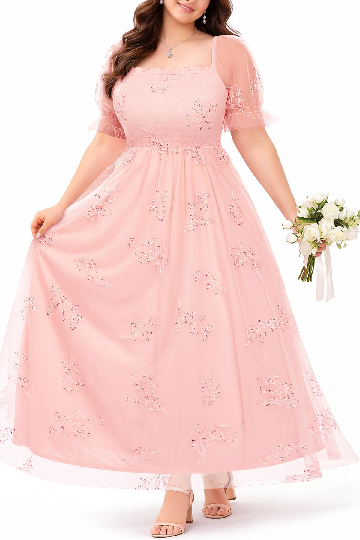 Plus Size Formal Dresses - Bridesmaid Leaf Embroidery with Sequin Tulle Prom Long Dress