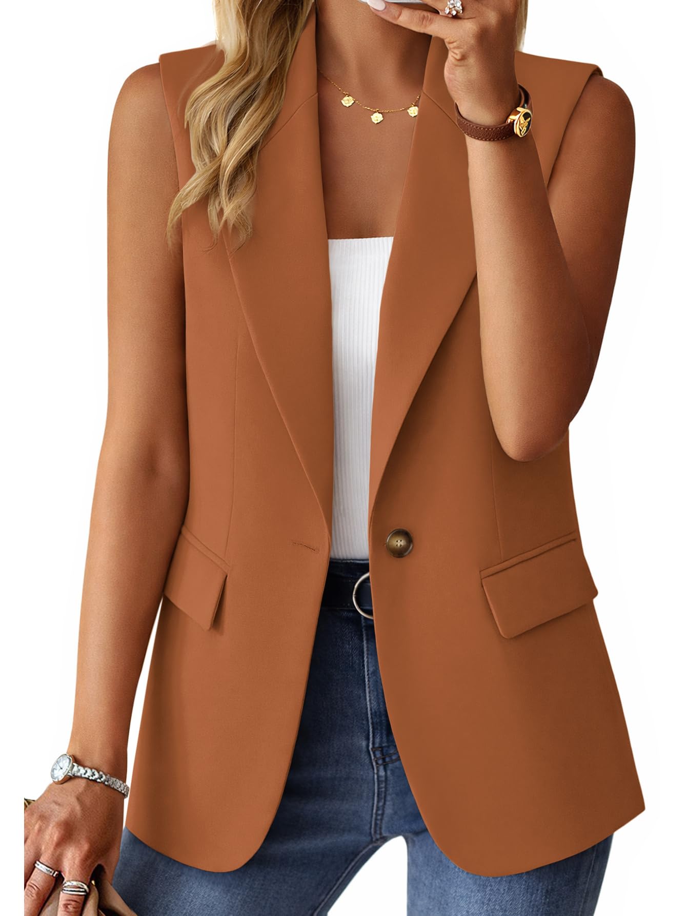Mina Self 2026 Summer Women's Sleeveless Vest Tops - Lightweight Breathable Lined Trendy Casual Work Office Blazer - Pockets