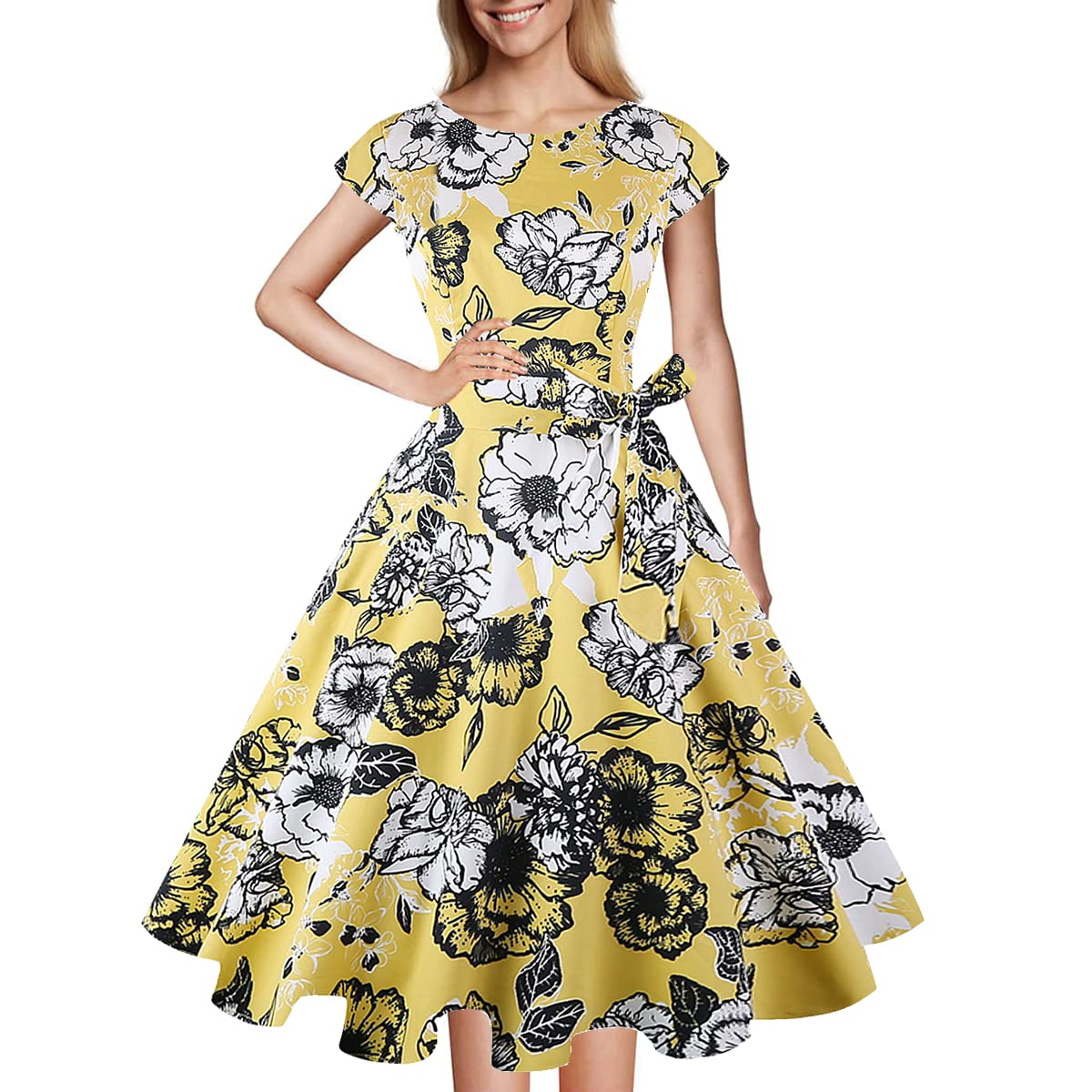 PUKAVT Women's 1950 Boatneck Cap Sleeve Vintage Swing Cocktail Party Dress with Pockets