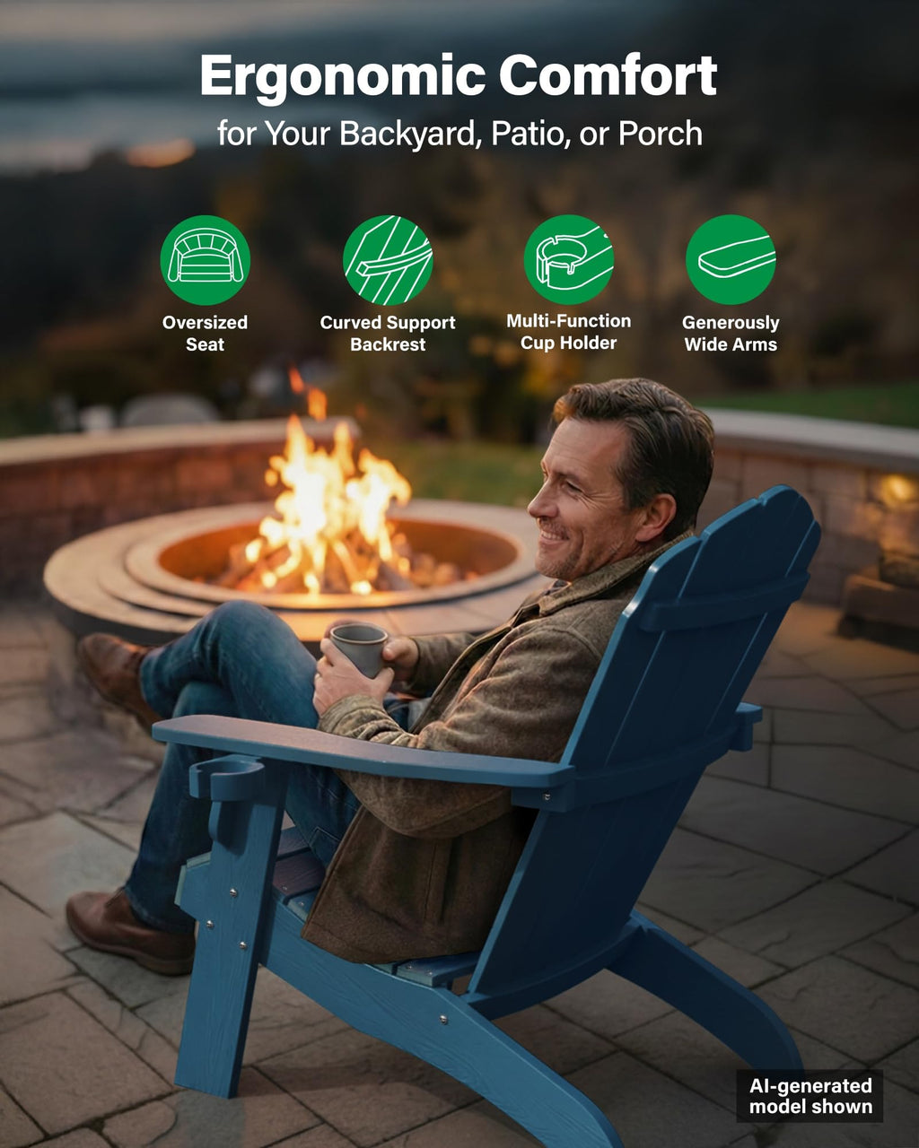 YEFU Oversized Plastic Adirondack Chair Set of 2 with Cup-Holder (Large Dual-Purpose), Weather Resistant, Poly Lumber Outdoor Chairs Duty Rating Widely Used in Patio, Lawn, Outside, Deck Chairs-Black