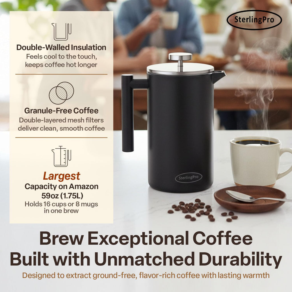 SterlingPro Stainless Steel French Press Coffee Maker 1 L (34 oz) Black – Double Walled Insulated Large Coffee Press, Durable Design Keeps Drinks Hot, Easy to Use and Clean for Rich Flavor Brewing