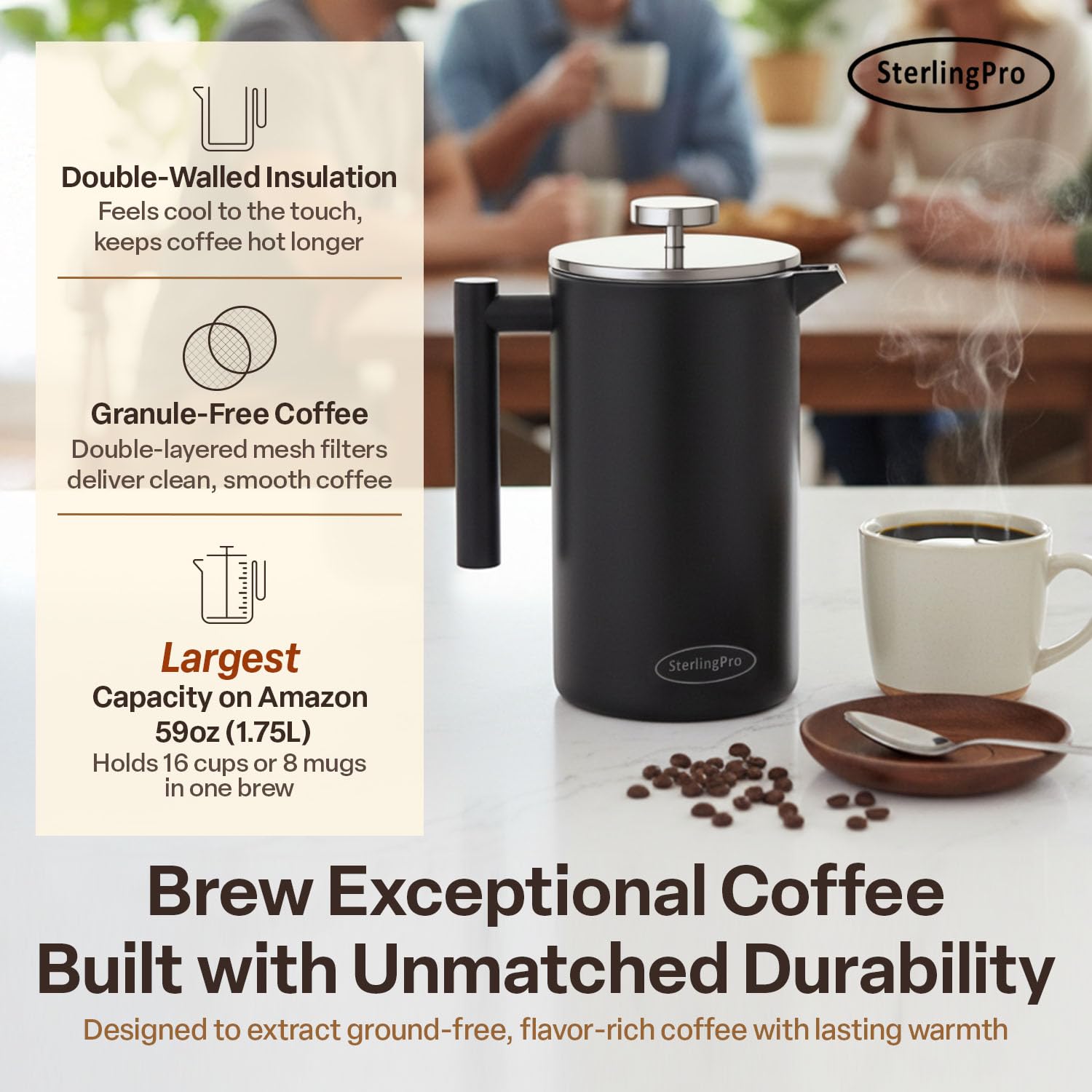 SterlingPro Stainless Steel French Press Coffee Maker 1 L (34 oz) Black – Double Walled Insulated Large Coffee Press, Durable Design Keeps Drinks Hot, Easy to Use and Clean for Rich Flavor Brewing