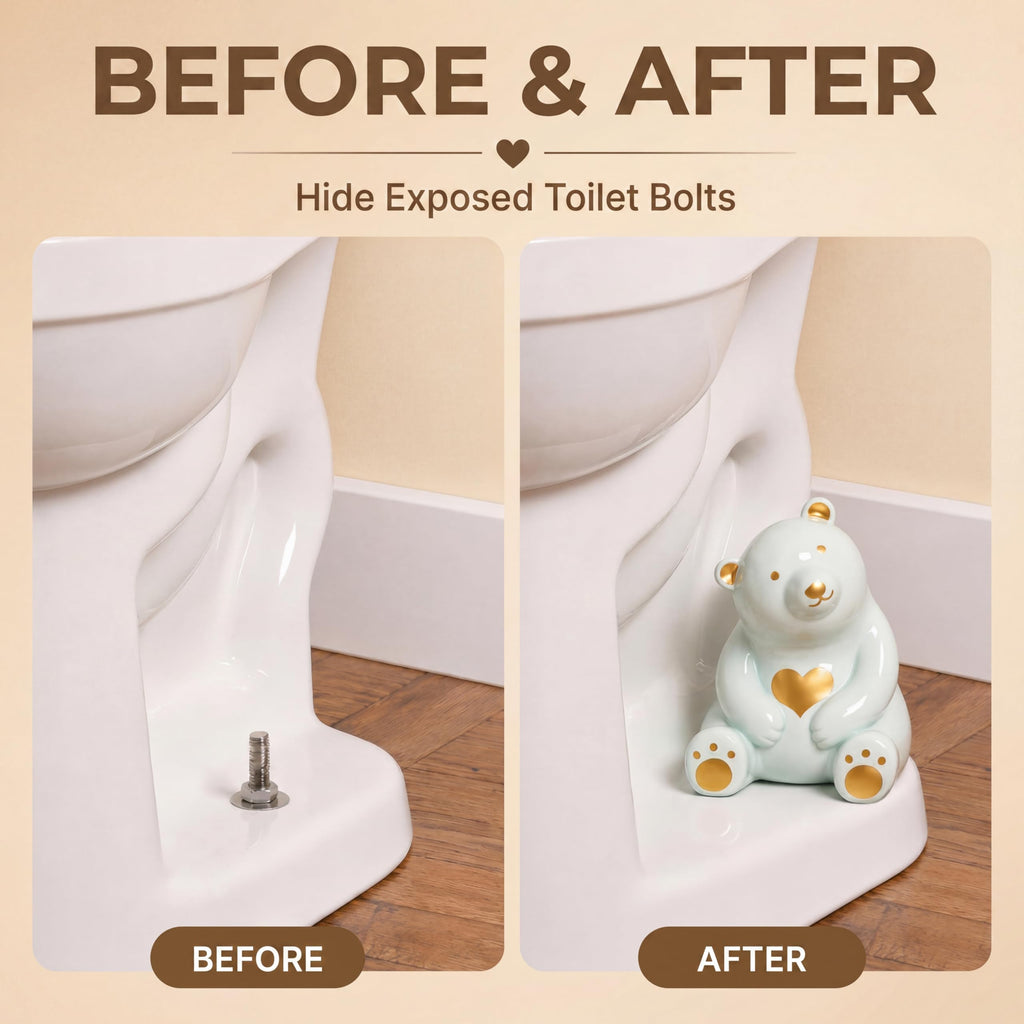 MENNTY Black Polar Bear Toilet Bolt Covers Decorative - 2 Glossy Black Ceramic Toilet Bolt Caps + 4 Universal Toilet Caps for Bottom of Toilet, Modern Monochrome Bathroom Decor