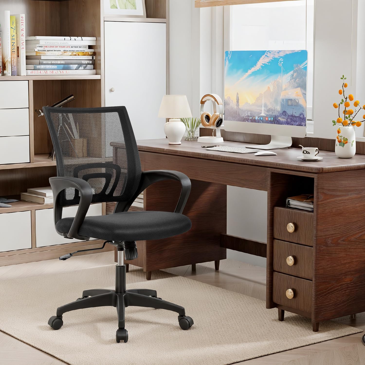 BestOffice Home Office Chair Ergonomic Desk Chair Mesh Computer Chair with Lumbar Support Armrest Executive Rolling Swivel Adjustable Mid Back Task Chair for Women Adults, Black (Black)